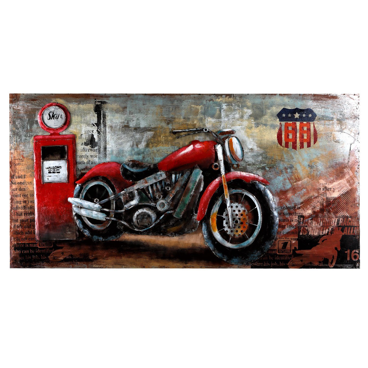 Home4Living Metallbild Wandbild 3D Relief Retro Bild Handarbeit Unikat, Motorcycle Gas Station, Handarbeit