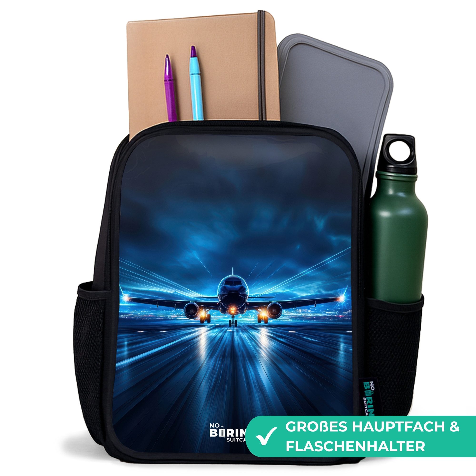 NoBoringSuitcases.com© Rucksack Ein Flugzeug hebt in einer futuristischen Nachtlandschaft ab, Kinderrucksack Schwarz, Schulrucksack, Freizeitrucksack Jungen Mädchen