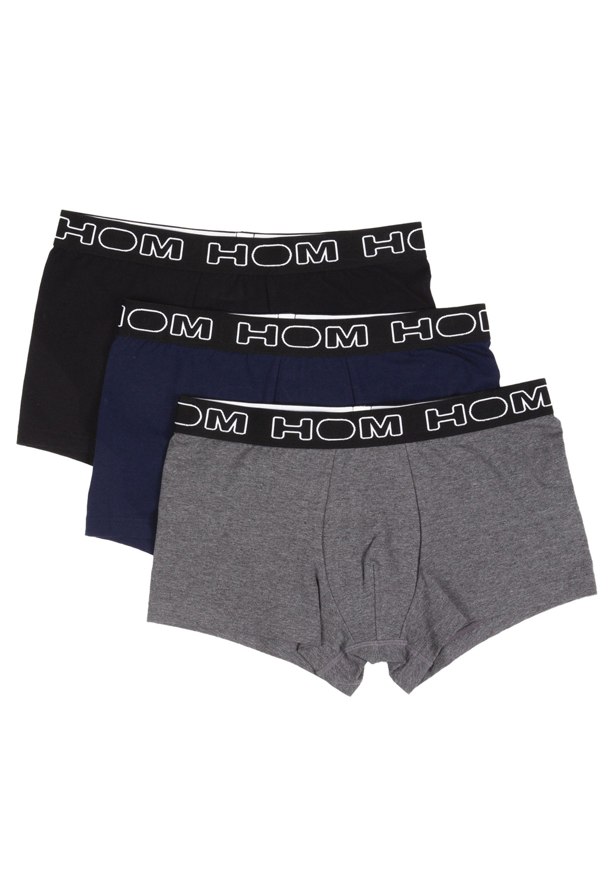 Hom Retro Boxer 3er Pack Boxerllines (Spar-Set, 3-St) Boxer Pant - Baumwolle - Ohne Eingriff - Im klassischem Design Schwarz / Blau / Grau