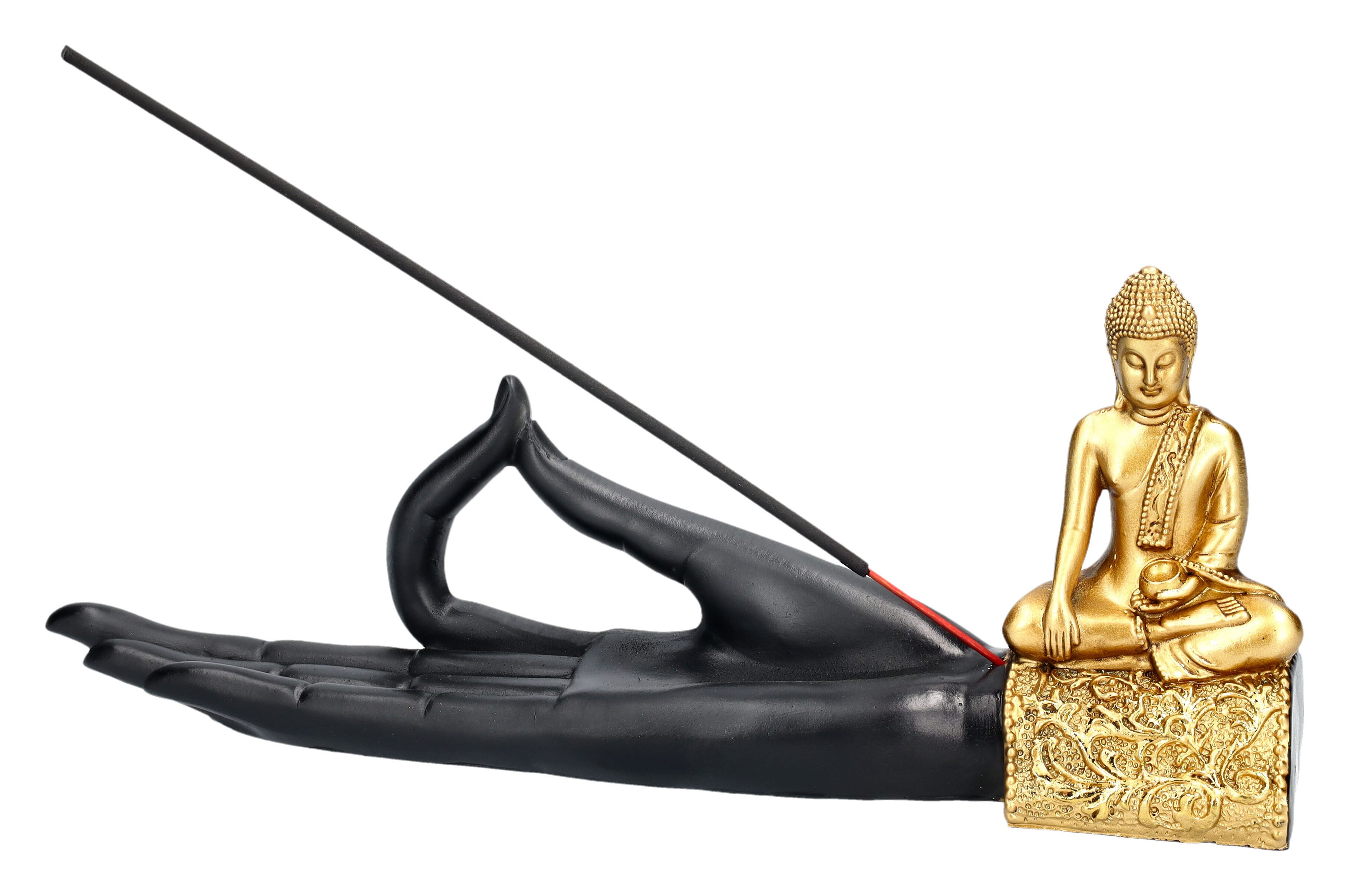 Figuren Shop GmbH Räucherstäbchen-Halter Räucherhalter - Buddha Figur auf Hand - Mythologie Hindiusmus Deko