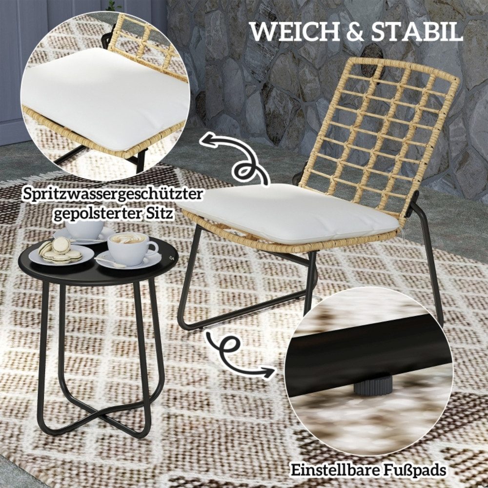 CHICFURN Balkonset Rattan Balkonmöbel-Set, 3-teilig für 2 Personen, (Set, 3-tlg., Mit 2 stapelbaren Stühlen, Tisch und Sitzkissen), Für Garten, Terrasse und Balkon, Farbe Beige