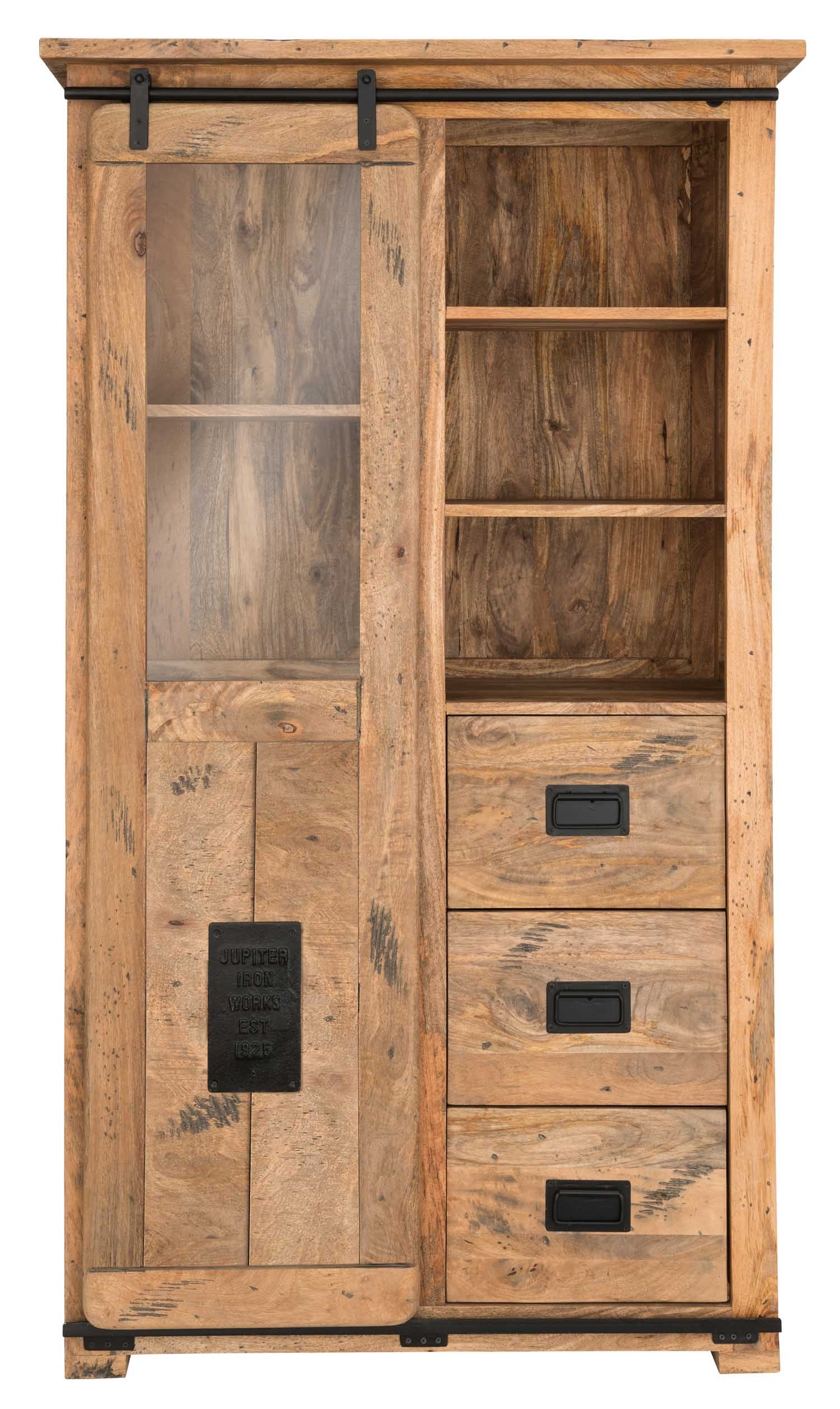 MR.DEKO Vitrine Florenz Mango Vitrinenschrank 100 x 45 x175 cm (Einzelstück – montiert) 3 Schubladen, 1 Schiebetür, offene Fächer, Mangoholz & Metall