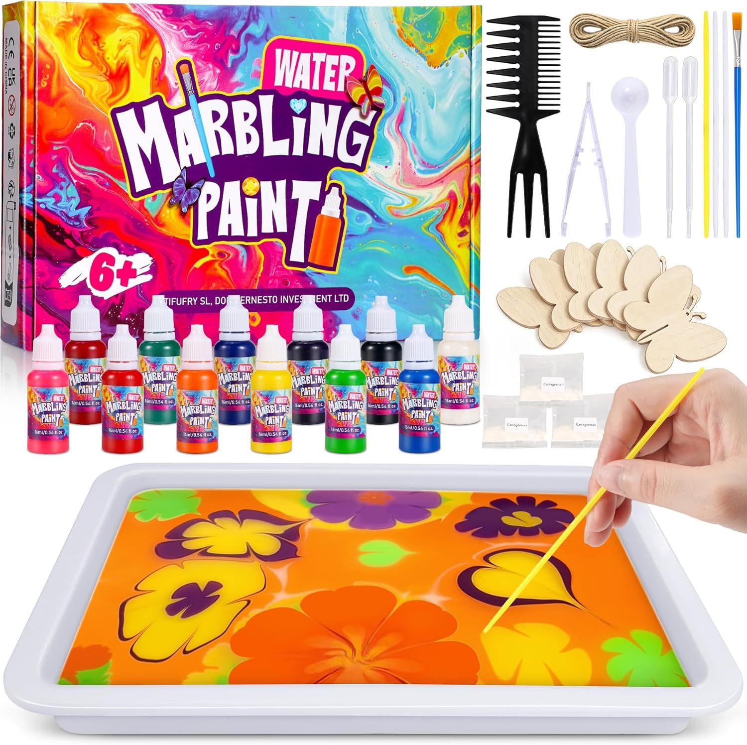 POPOLIC Kreativset Wassermarmorierfarbe für Kinder - Kunsthandwerk, (für Mädchen und Jungen Bastelset Kinder ab 6 Jahre Geschenk Mädchen 5-12 Jahre, 1-tlg), Spielzeug Mädchens Geschenke 6-11 Jahre mit 6 Holzschmetterlingen