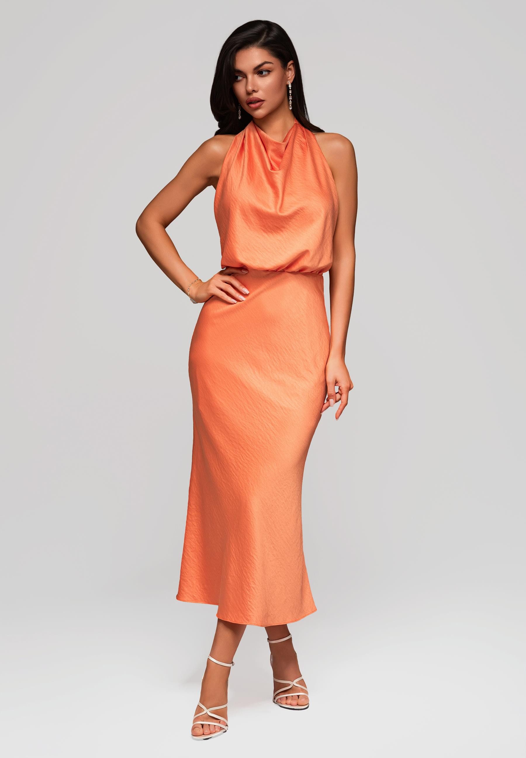 OMBRE Abendkleid Midi-Halterkleid mit Wasserfall-Ausschnitt