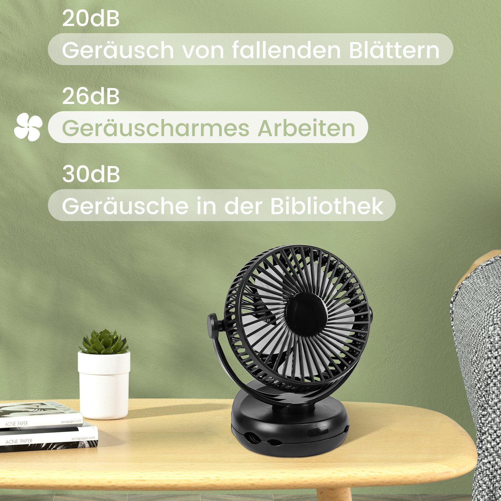 Nettlife Mini Drehung Schwarz, 4 3 LED In & Geschwindigkeiten mit 1 10000mAh Leise Clip Licht 360° USB-Ventilator Fan Akku
