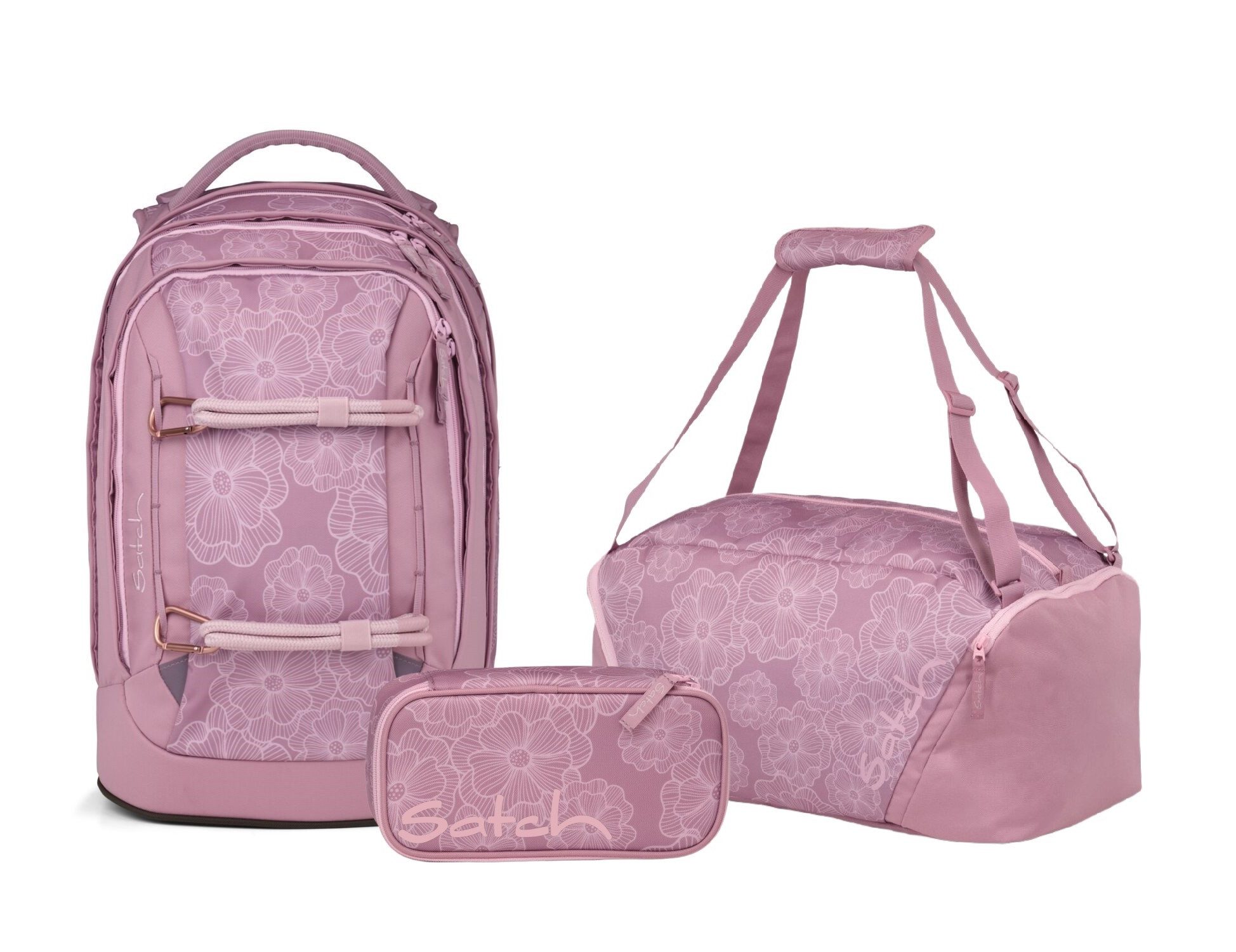 Satch Schulranzen Schulrucksack-Set PACK Magnolia Dream 3-teilig (3-teilig), ergonomisch, Your-Size-System, 5 Fächer