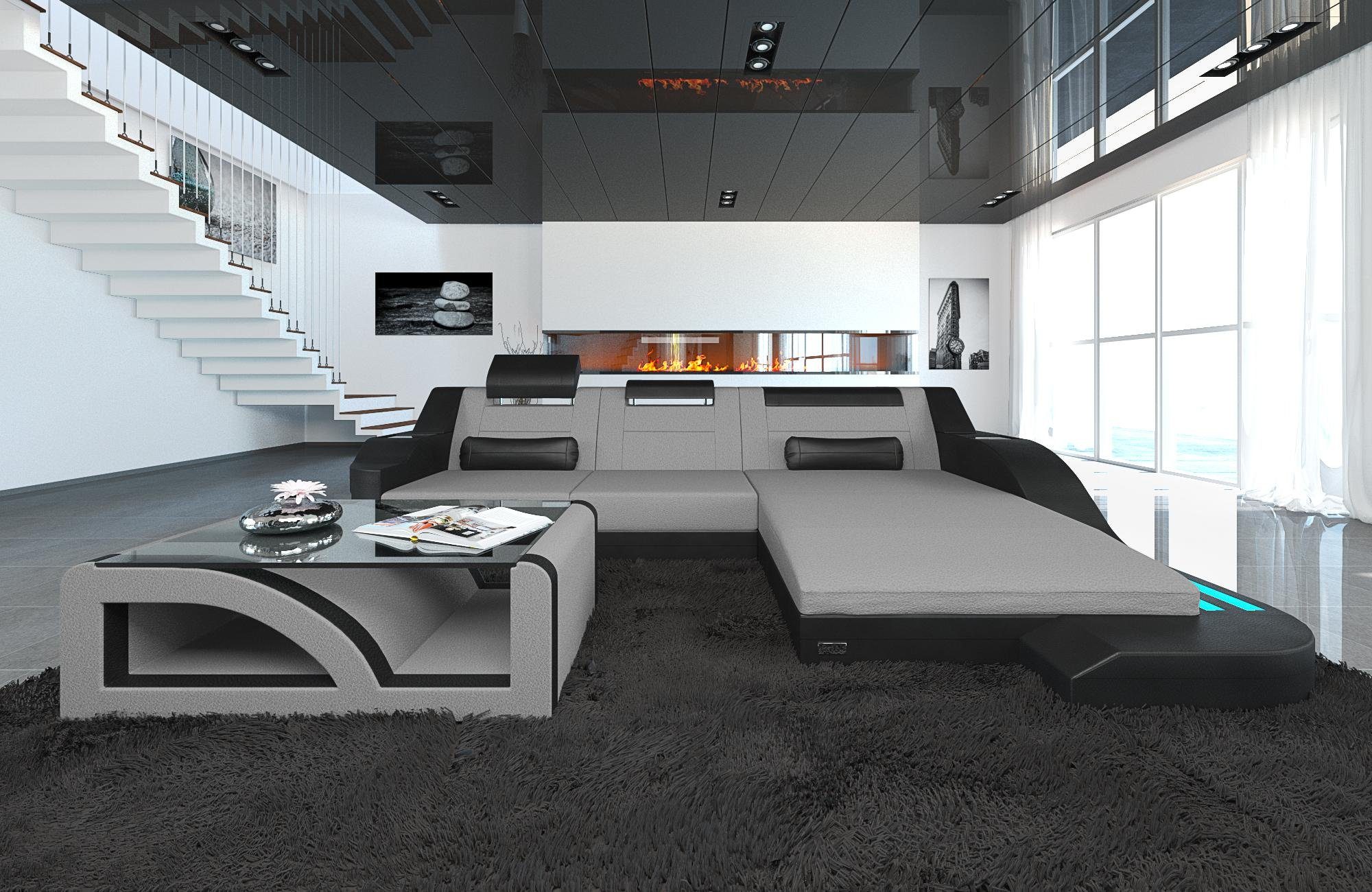 Sofa Dreams Ecksofa mit LED, Polstersofa Designersofa Hellgrau-Schwarz Couch Bettfunktion, ausziehbare L Stoffsofa Stoff Palermo C76 Form