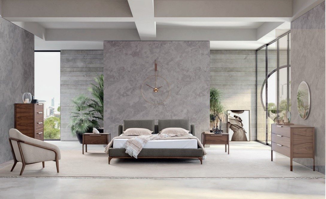 JVmoebel Schlafzimmer-Set Modernes Schlafzimmermöbel-Set in Holzoptik mit Stauraum, (5-tlg., Bett, 2x Nachttische, Kommode mit Spiegel), Made in Europa