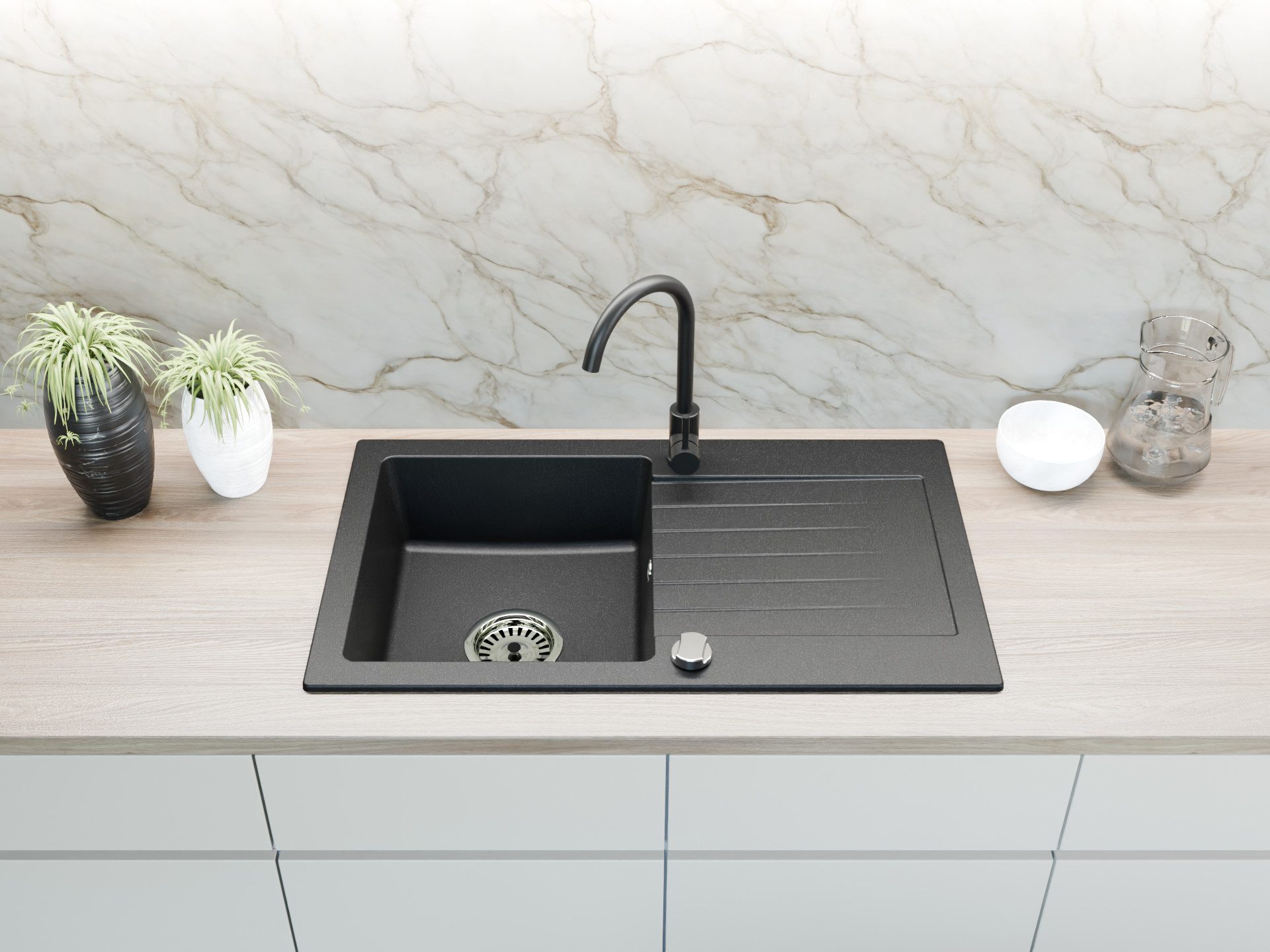 Faizee Möbel Granitspüle Granitspüle 75 cm Schwarz mit passender Armatur Komplett Set, rechteckig, 75/16 cm, Granitspüle:75 x 16 x 44 cm (BxHxT) Farbe: Schwarz Material: Granit MIT Armatur und Zubehör, (Komplett-Set, 5 St., Granitbecken inklusive Zubehör)