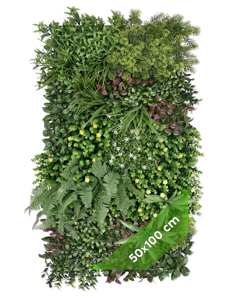 Kunstpflanze Künstliche Pflanzenwand Indoor & Outdoor, Blumenwand, Green Wall Evergreen, JELLE & JACOB, Höhe 100 cm, pflegeleicht & langlebig für Wohlfühl-Atmosphäre