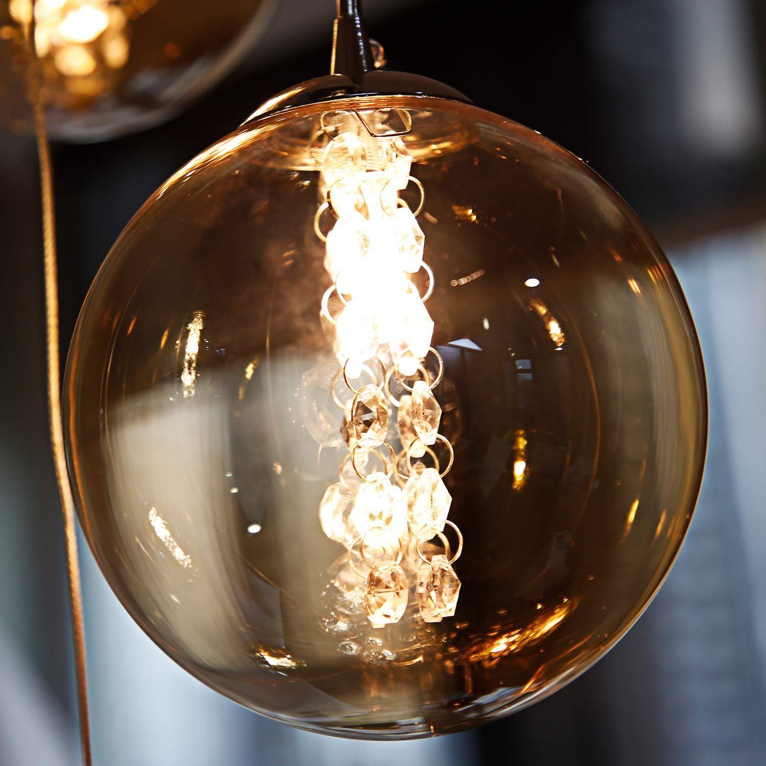 ZMH Pendelleuchte LED Glas Warmweiß, Kronleuchter Höhenverstellbar Bernstein Wohnzimmerlampe, Flammig wechselbar, 4 LED