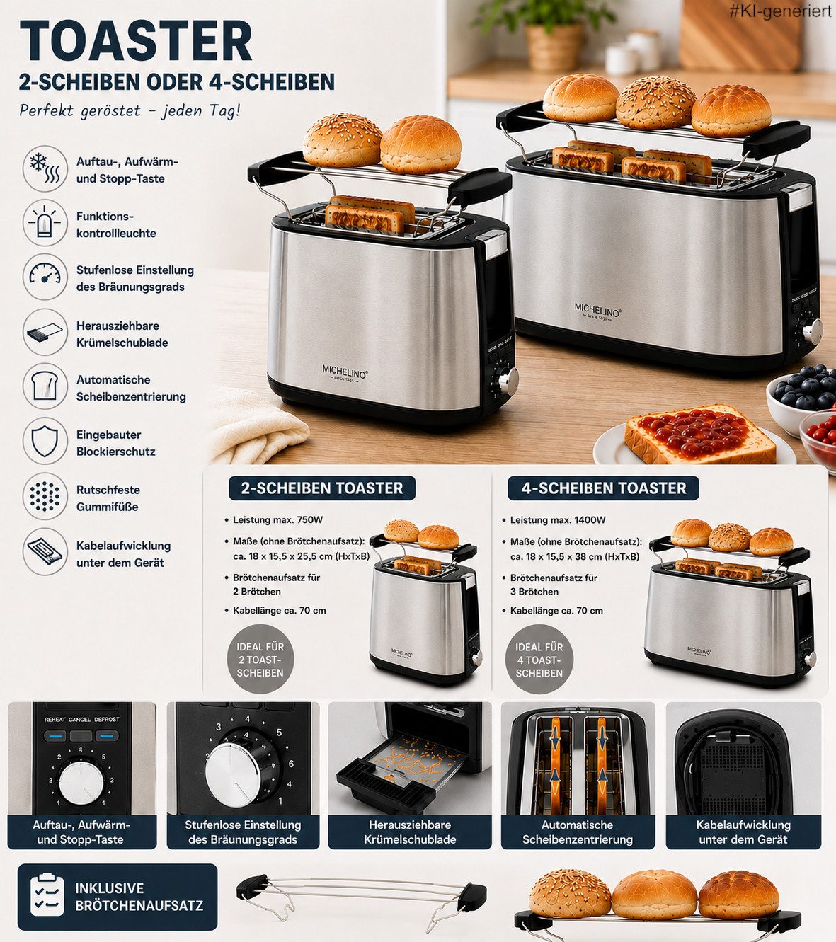 Michelino Toaster Edelstahl mit Brötchenaufsatz, – 2 oder 4 Scheiben – Auftau-, Aufwärm- & Stoppfunktion