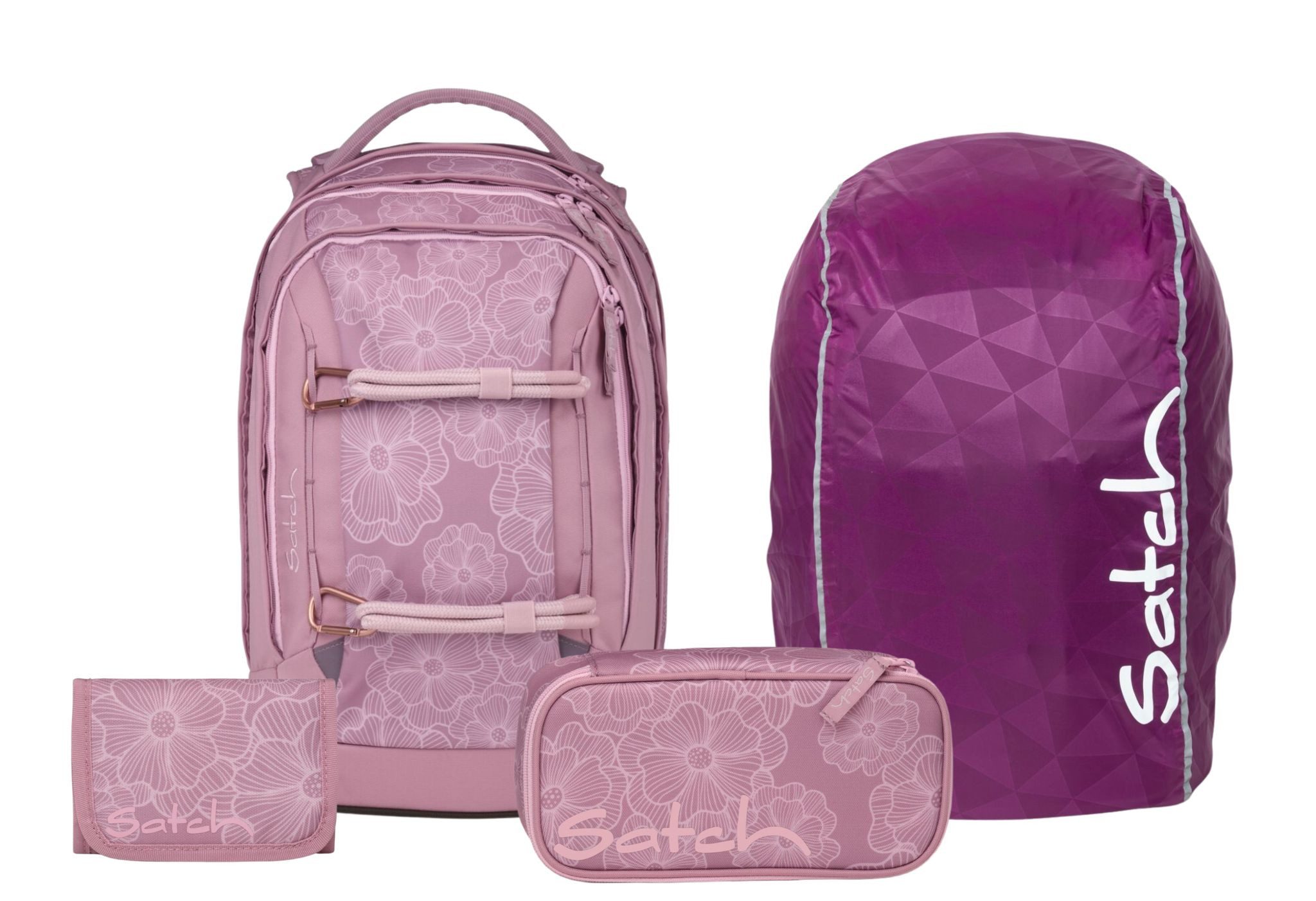 Satch Schulranzen Schulrucksack-Set PACK Magnolia Dream 4-teilig (3-teilig), ergonomisch, Your-Size-System, 5 Fächer
