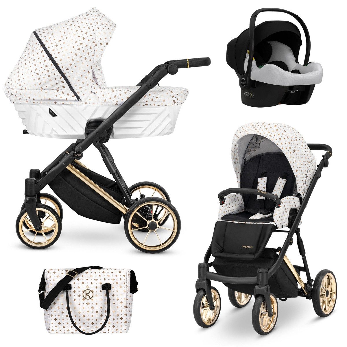 KUNERT Kombi-Kinderwagen Ivento Premium 3in1 Kinderwagen mit Goldrahmen und Zubehör, 2in1-Set mit Babywanne und Sportsitz