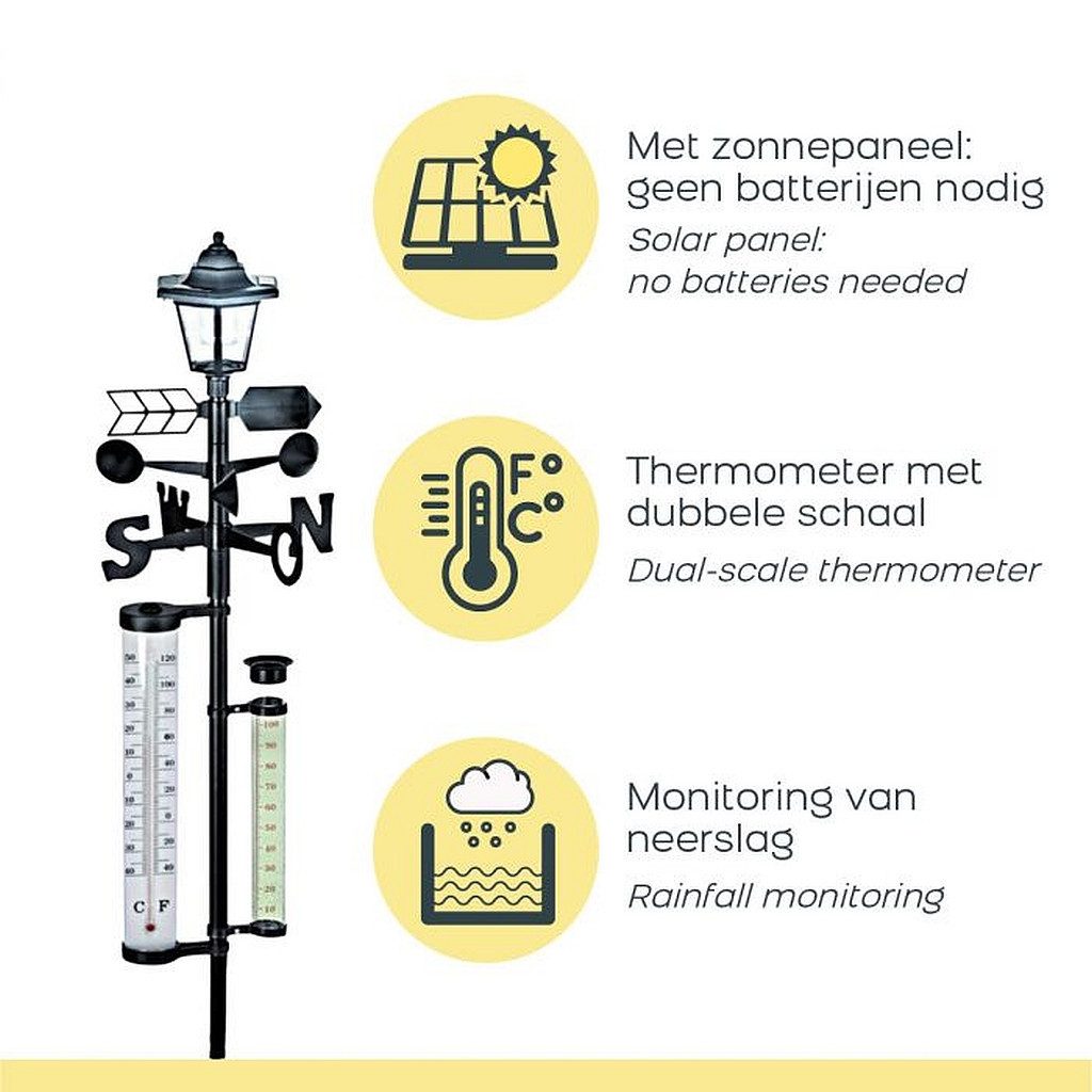 Orange-Planet Regenmesser Wetterfahne Außenthermometer Wetterstation Solar-Lampe Außenwetterstation