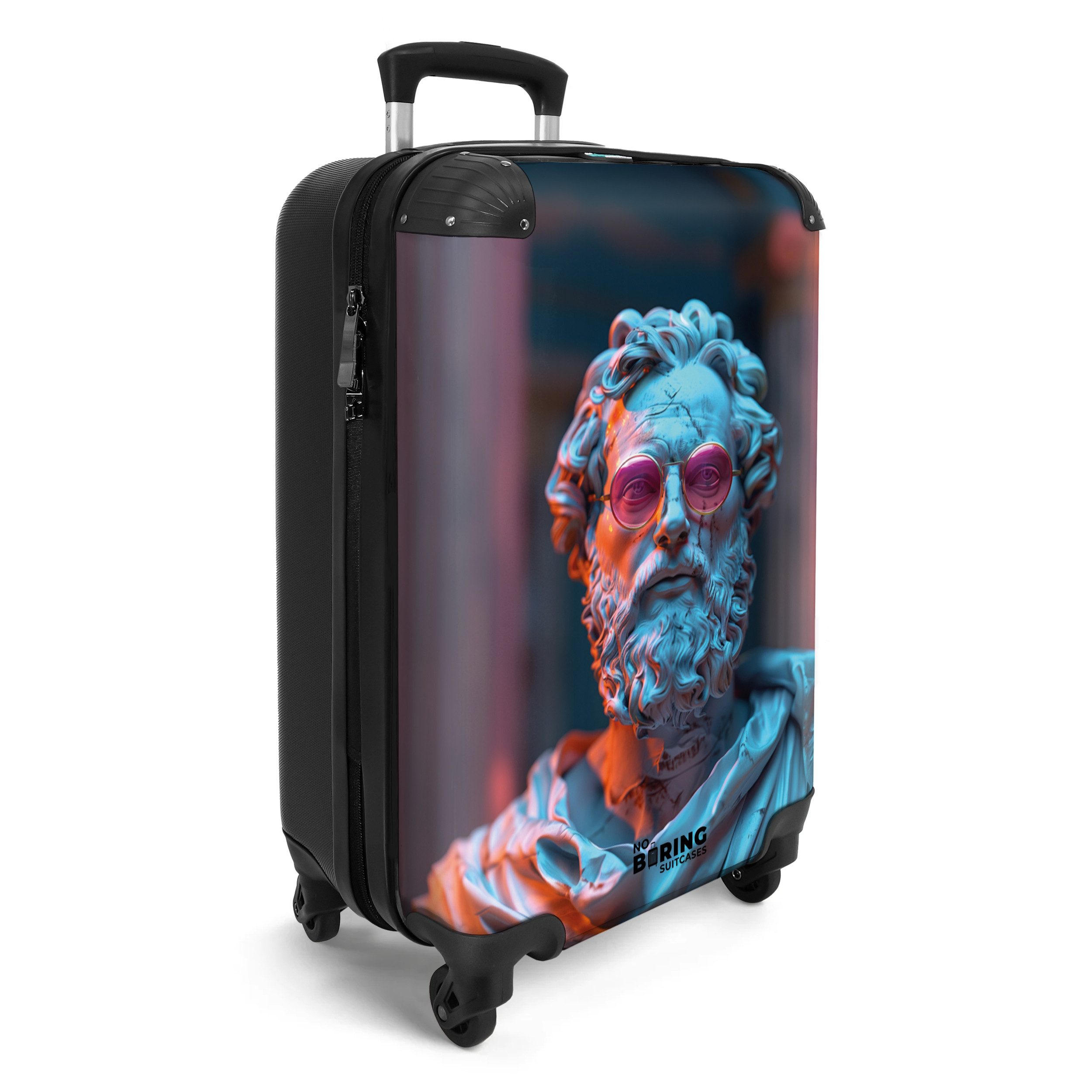 NoBoringSuitcases.com© Hartschalen-Trolley Griechische Statue mit Brille 55x35x20cm, 4 Rollen, Reisekoffer mit 4 Rollen, Carry on luggage, Männer