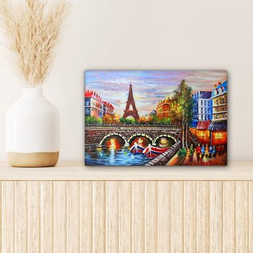 OneMillionCanvasses® Gemälde Gemälde - Öl - Eiffelturm - Paris - Wasser, (1 St), Wandbild Leinwandbilder, Aufhängefertig, Wanddeko, 30x20 cm