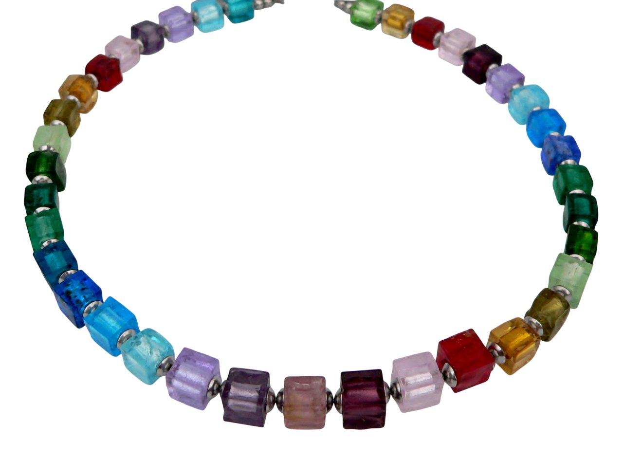 traumschmuck Collier 199. Halskette Würfel Glas Lampwork rot blau gelb grün bunt (Geschenk, Muttertag, Weihnachten, Geburtstag, Valentinstag, incl. Schmuckbox), handgefertigt, Made in Germany