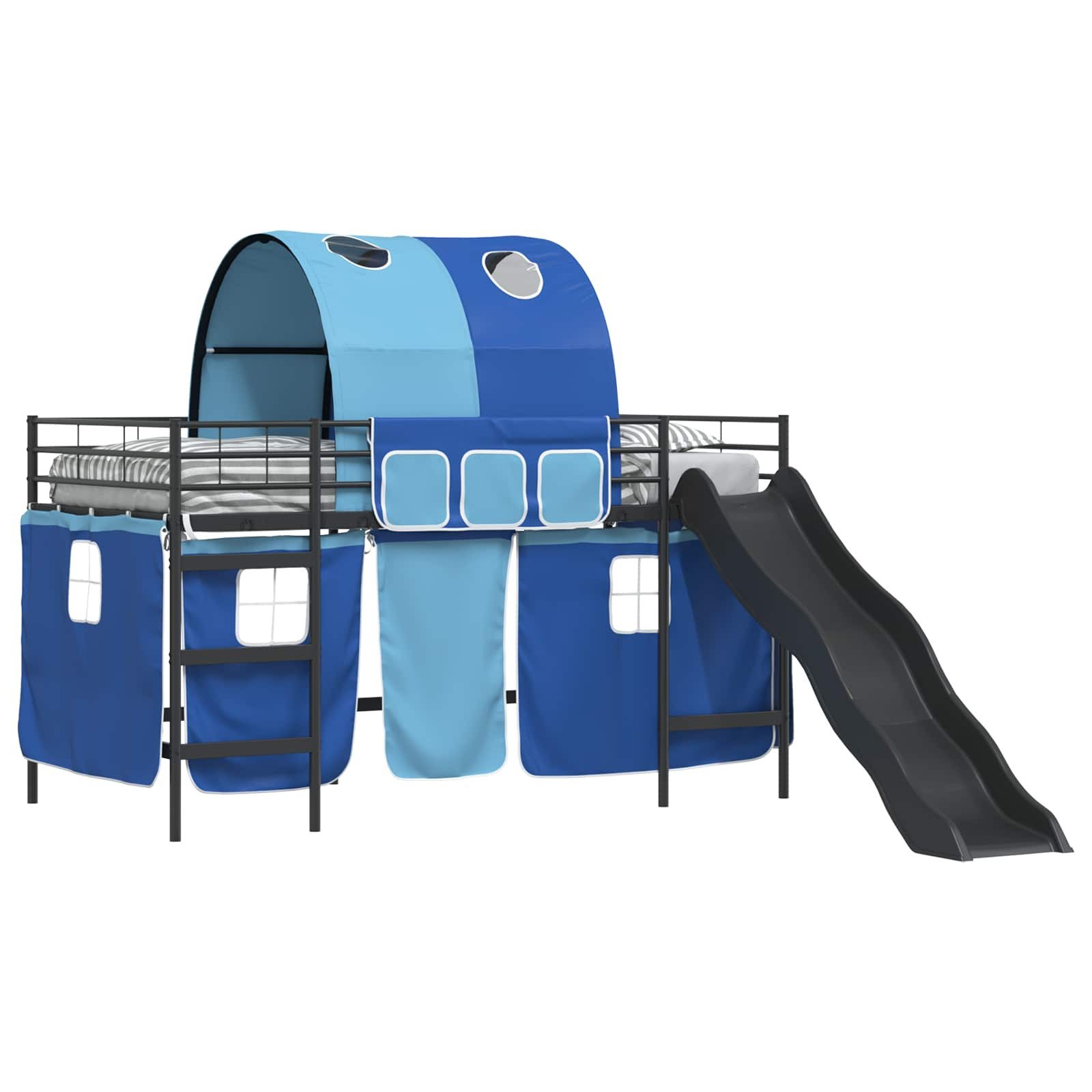 vidaXL Bett Etagenbett für Kinder mit Vorhängen Uni Schwarz und Blau Metall (1-tlg)