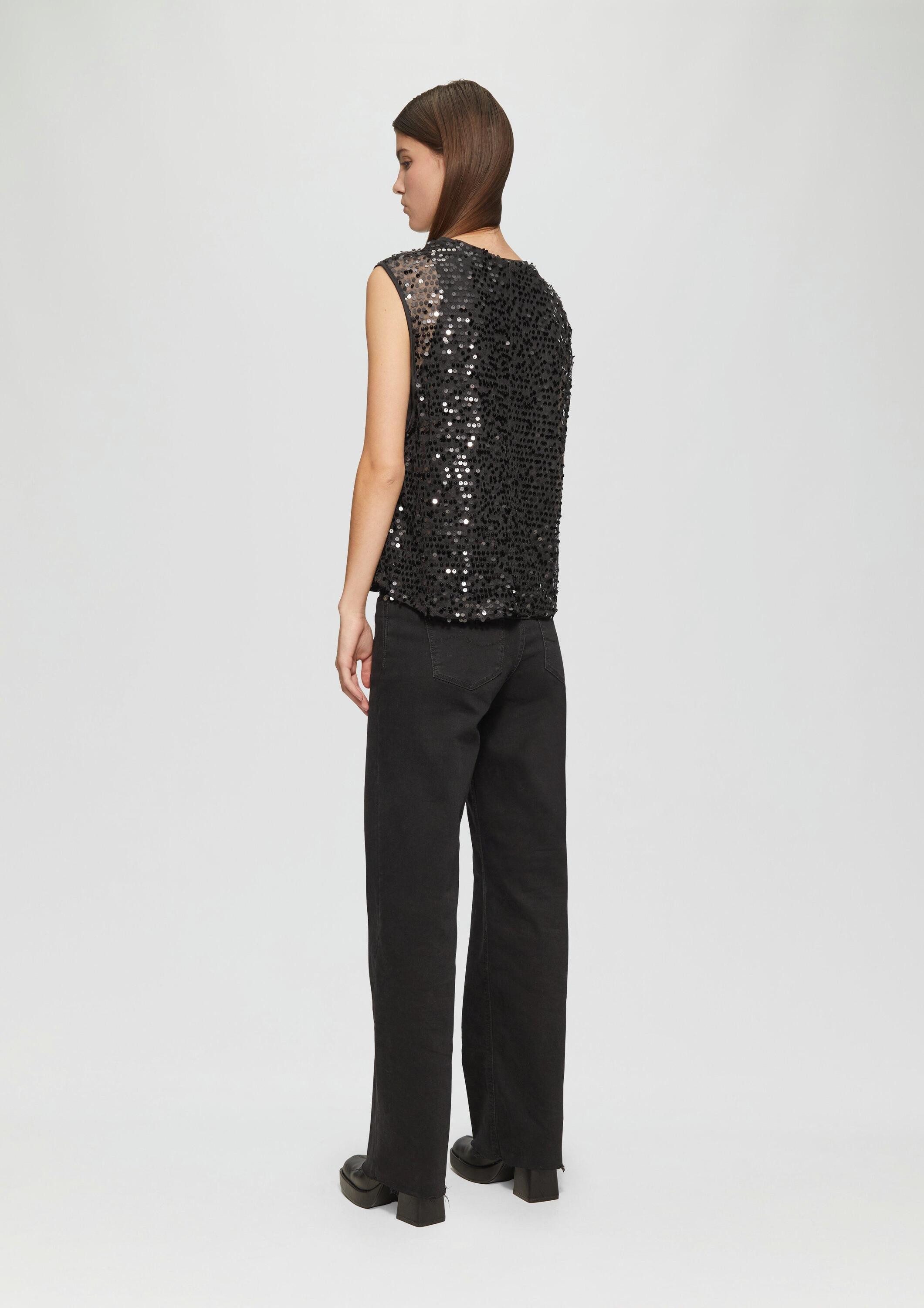 QS Blusenbody Bluse Unterlegtes Blusentop mit Pailletten und Rundhalsausschnitt – Bild 3 von 5