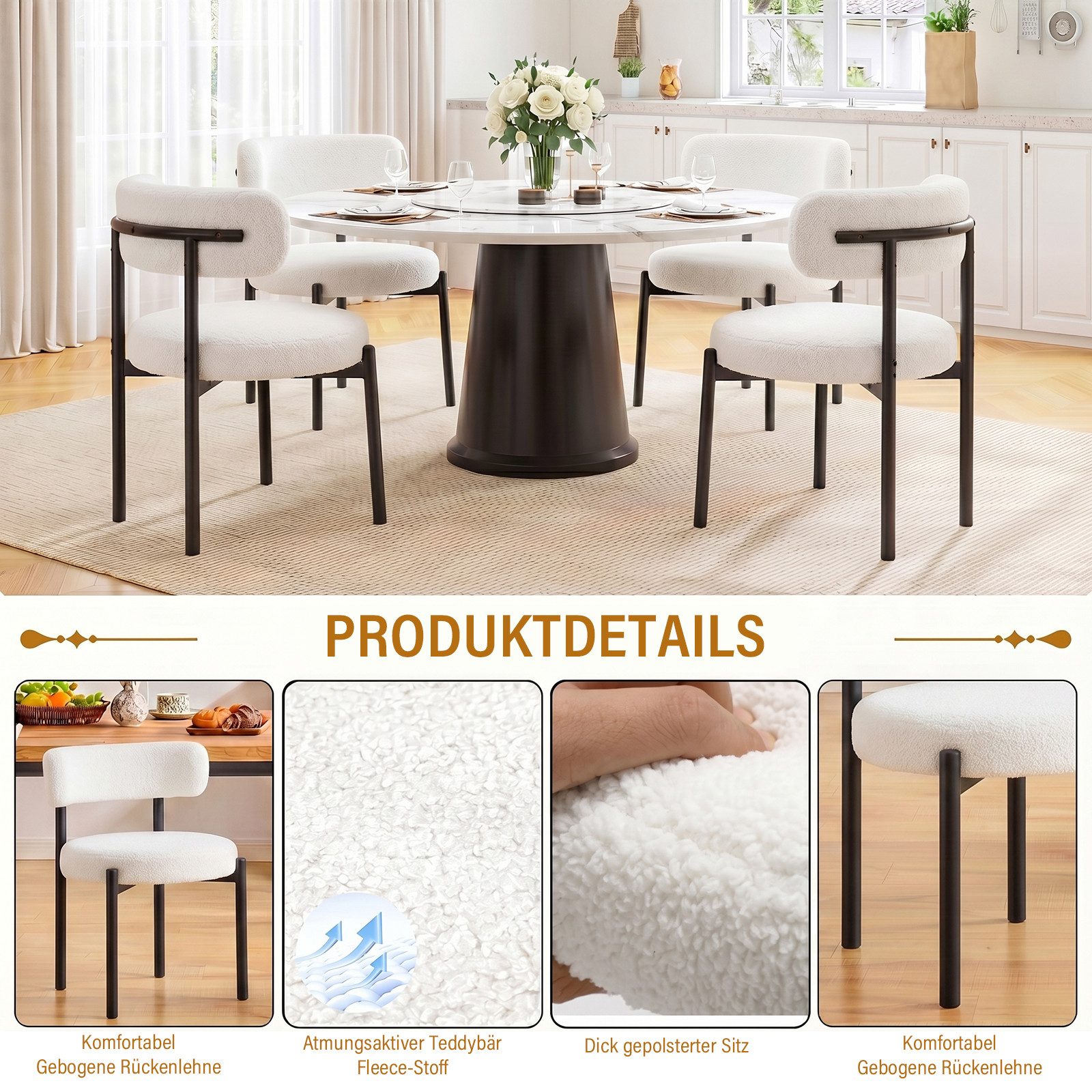 oyajia Esszimmerstuhl Polsterstuhl mit Metallgestell, Wohnzimmerstuhl, Küchenstuhl Runder (mit Rückenlehne), für Wohnzimmer, Esszimmer