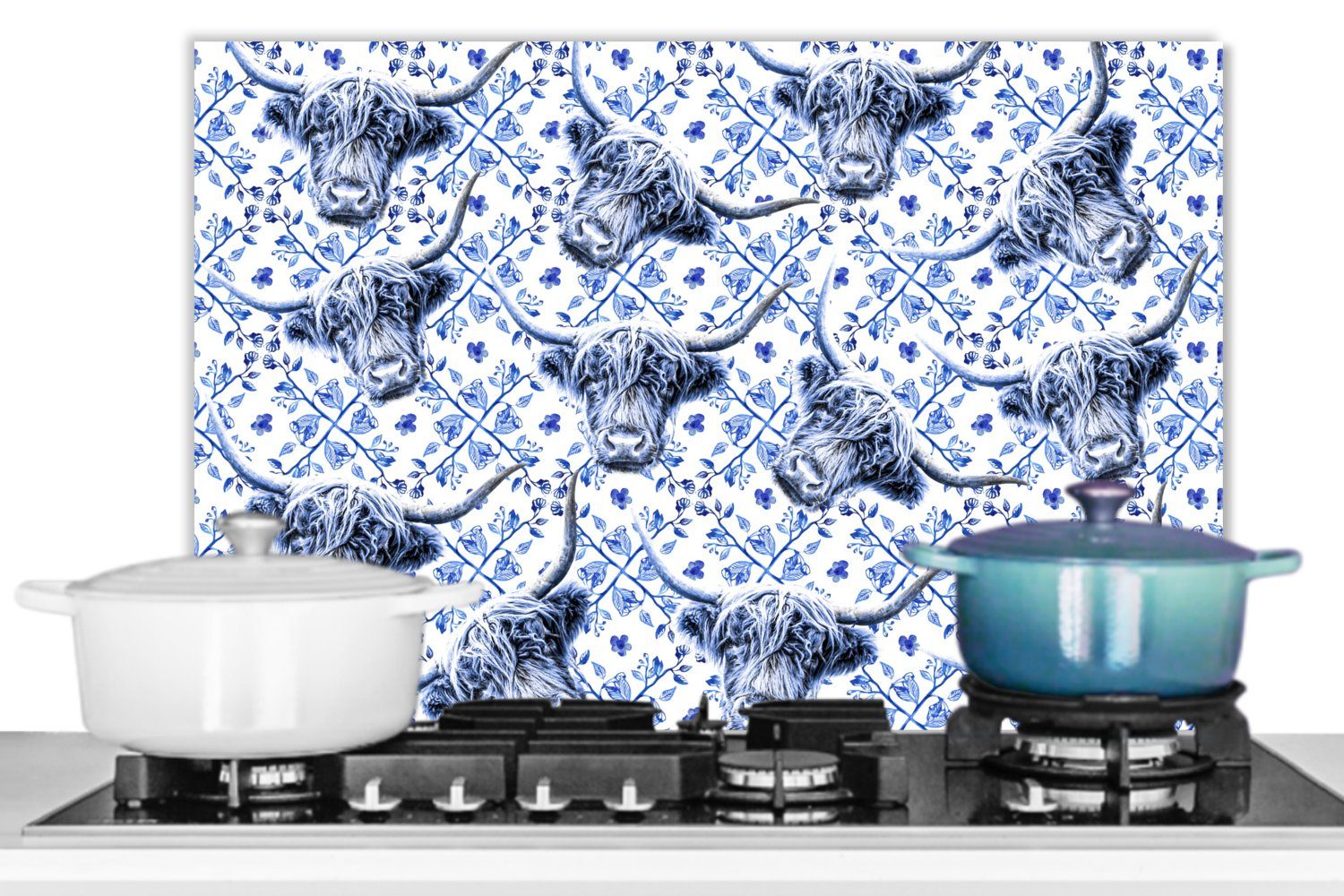 MuchoWow Küchenrückwand Schottischer küchen Highlander - Muster, - Herdblende (1-tlg), aus Temperaturbeständig 60x40 Wandschutz, Delfter cm, Blau