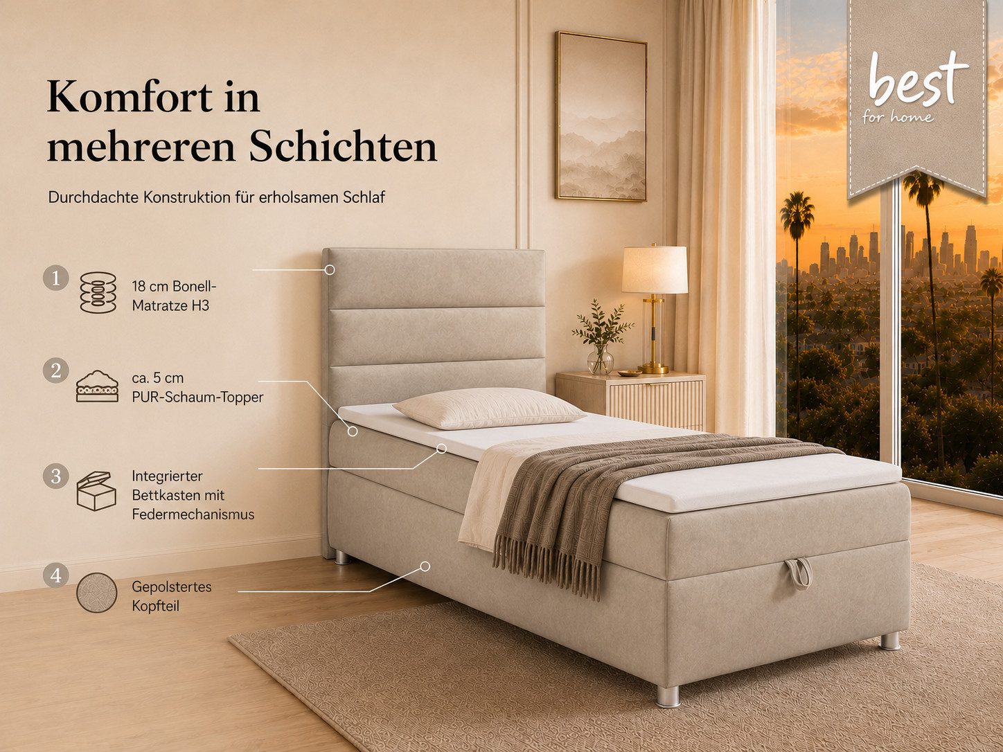 Best for Home Boxspringbett Trinity K-4 Single 5cm Topper Bonell Bettkasten (Einzelbett, Polsterbett mit gepolstertes Kopfteil, Jugendbett, Kinderbett versch. Größen, 1-St., 70x200 80x200 90x200 100x200 cm), Stauraum; ergonomischer Schlafkomfort; modernes Design