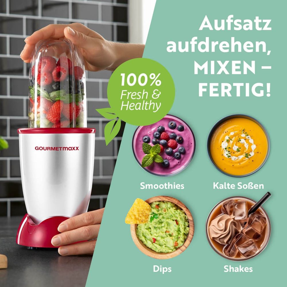 GOURMETmaxx Standmixer Mixer Mr. Magic 10-tlg. 400W silber/rot, 400 W, inkl. Zubehör-Set L rot Speisen Smoothies Getränke 3 Mixbecher To-Go – Bild 5 von 5