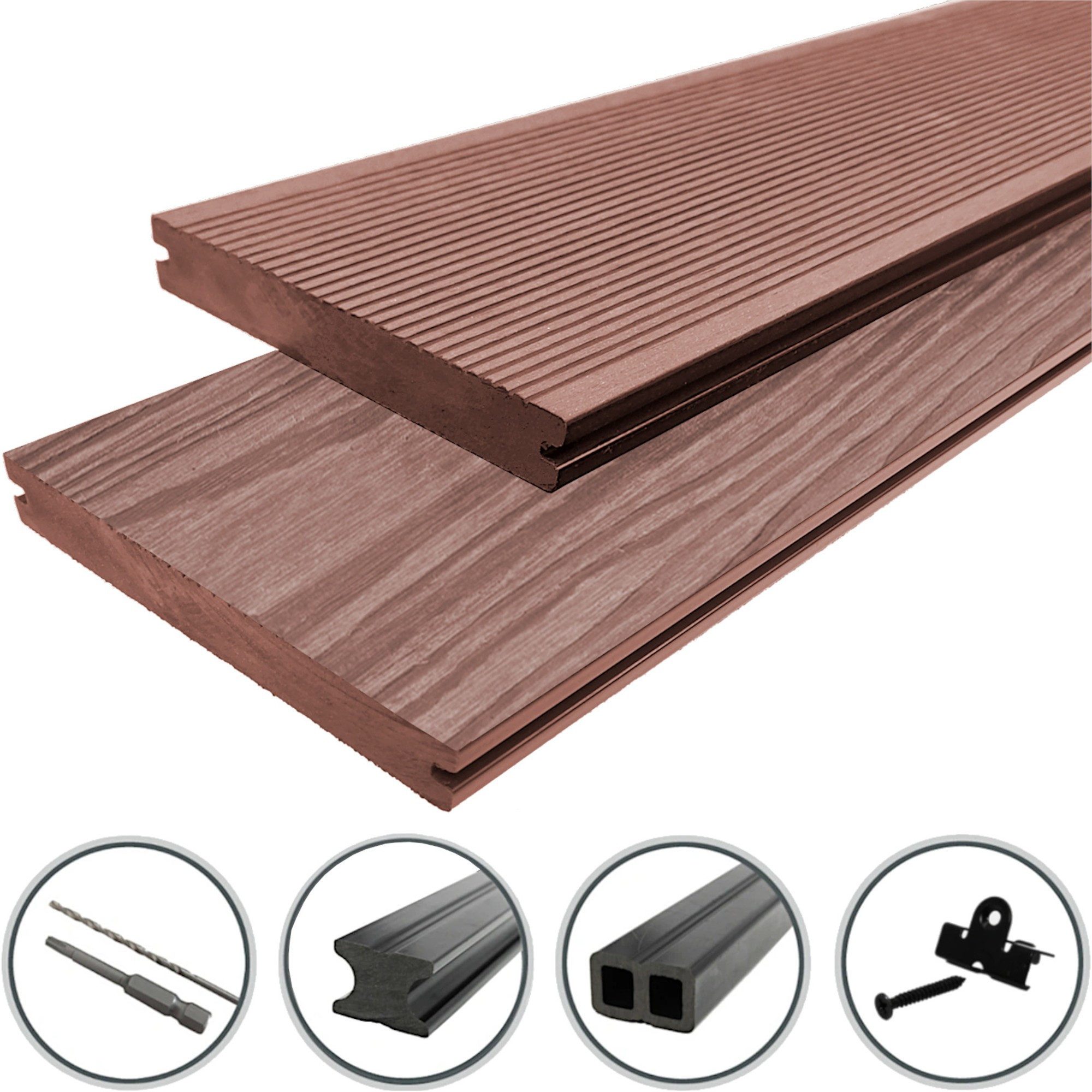 WPC Profi Terrassendielen Terrassen Komplettbausatz Redwood braun Massiv 20mm Bausatz 2 - 60m², (Komplettset, mit Unterkonstruktion, Clips und Schrauben)