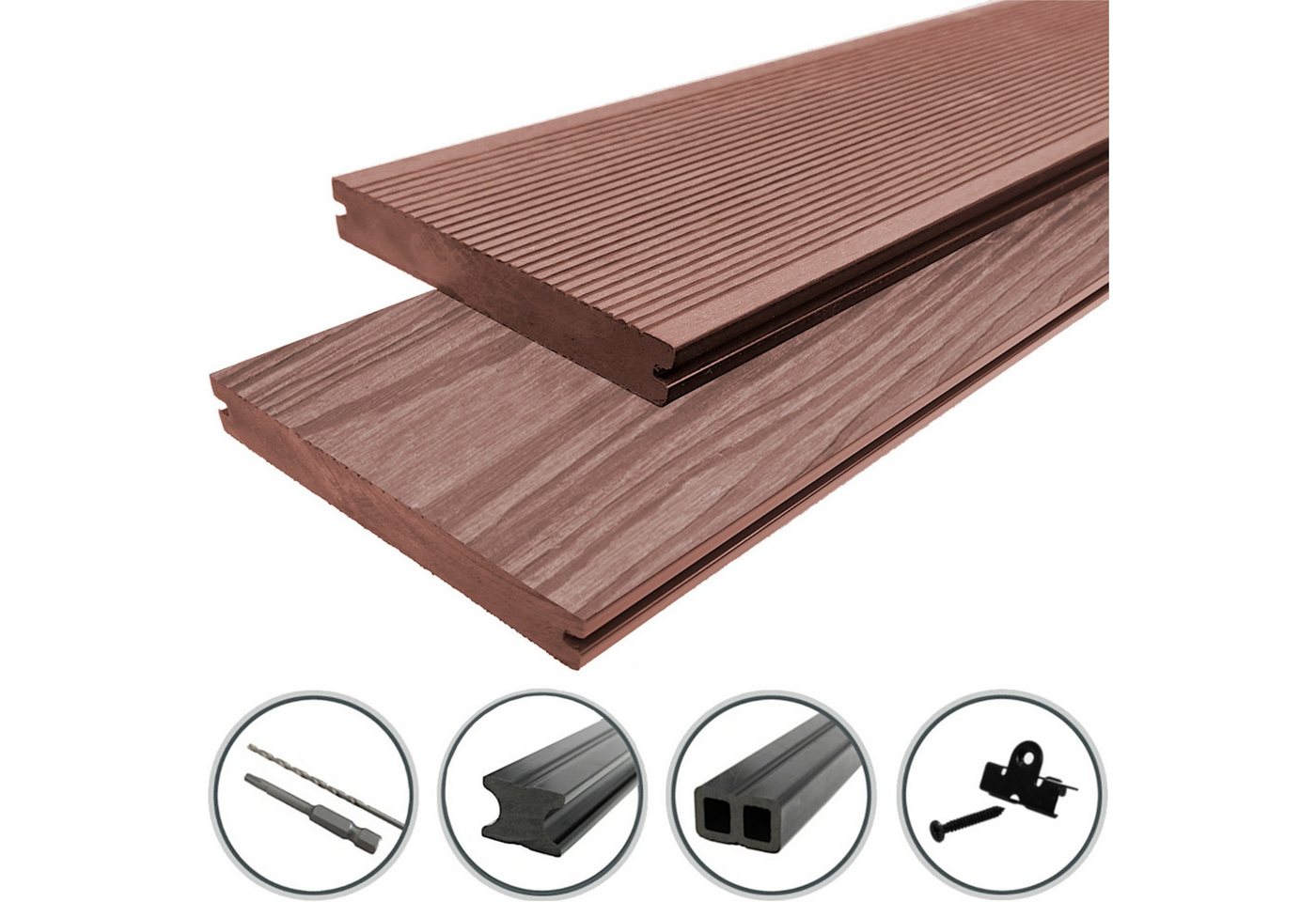 WPC Profi Terrassendielen Terrassen Komplettbausatz Redwood braun Massiv 20mm Bausatz 2 - 60m², (Komplettset, mit Unterkonstruktion, Clips und Schrauben)