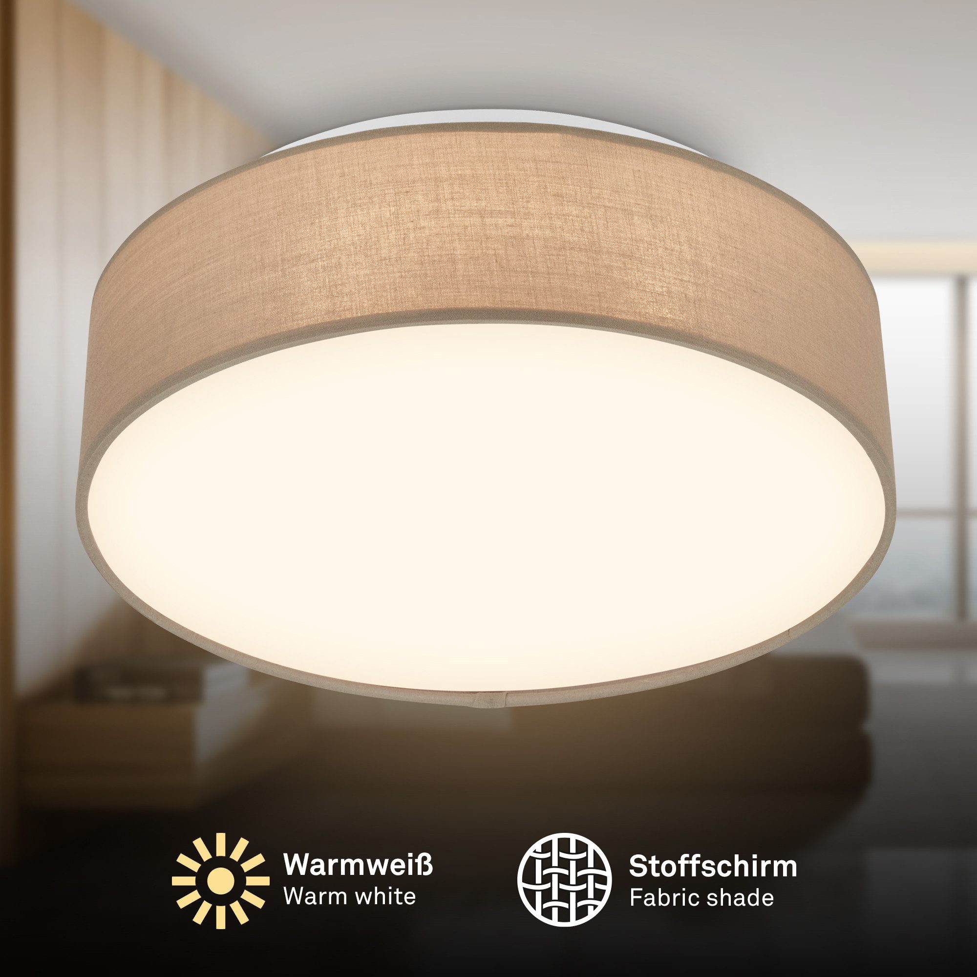 Briloner Leuchten LED Deckenleuchte Stoff-Deckenlampe Textillampe Stoffschirm Wohnzimmer Schlafzimmer, LED fest integriert, 3000K, 30/38x10,5 cm, Wohnzimmer, Schlafzimmer, Flur, Küche