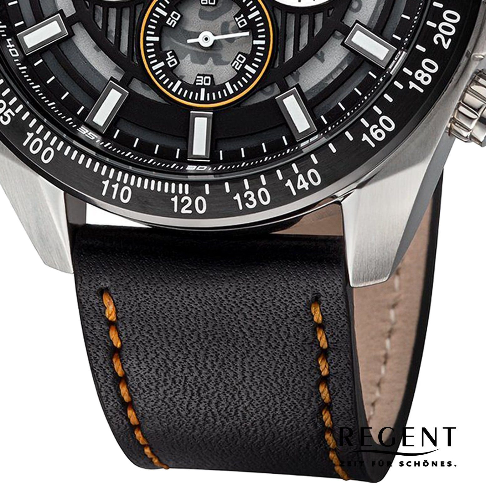 Regent Quarzuhr Lederarmband Regent 46mm), Armbanduhr Analog, (ca. Herren extra rund, schwarz-orange groß Armbanduhr Herren
