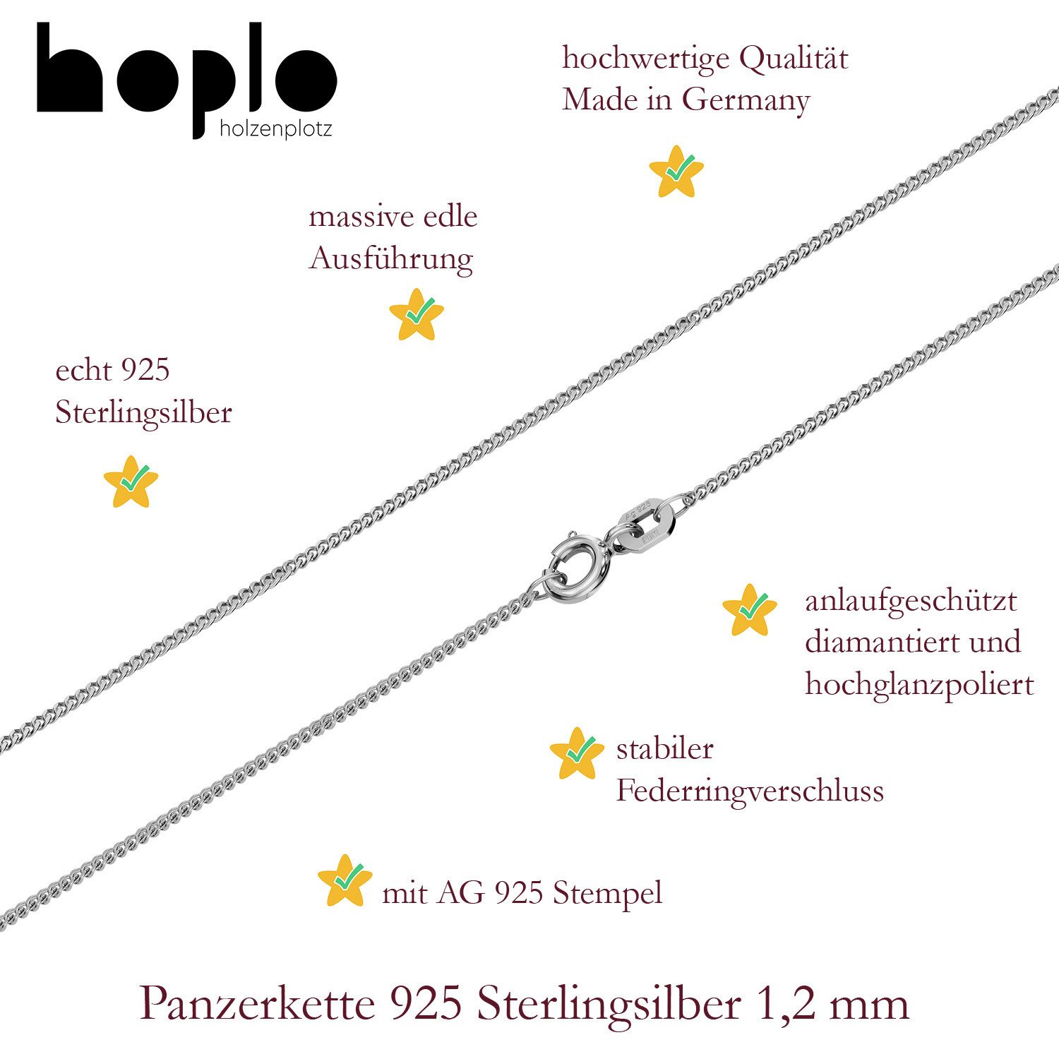 HOPLO Panzerkette Silberkette Panzerkette Länge 38cm - Breite 1,2mm - 925 Silber, Made in Germany