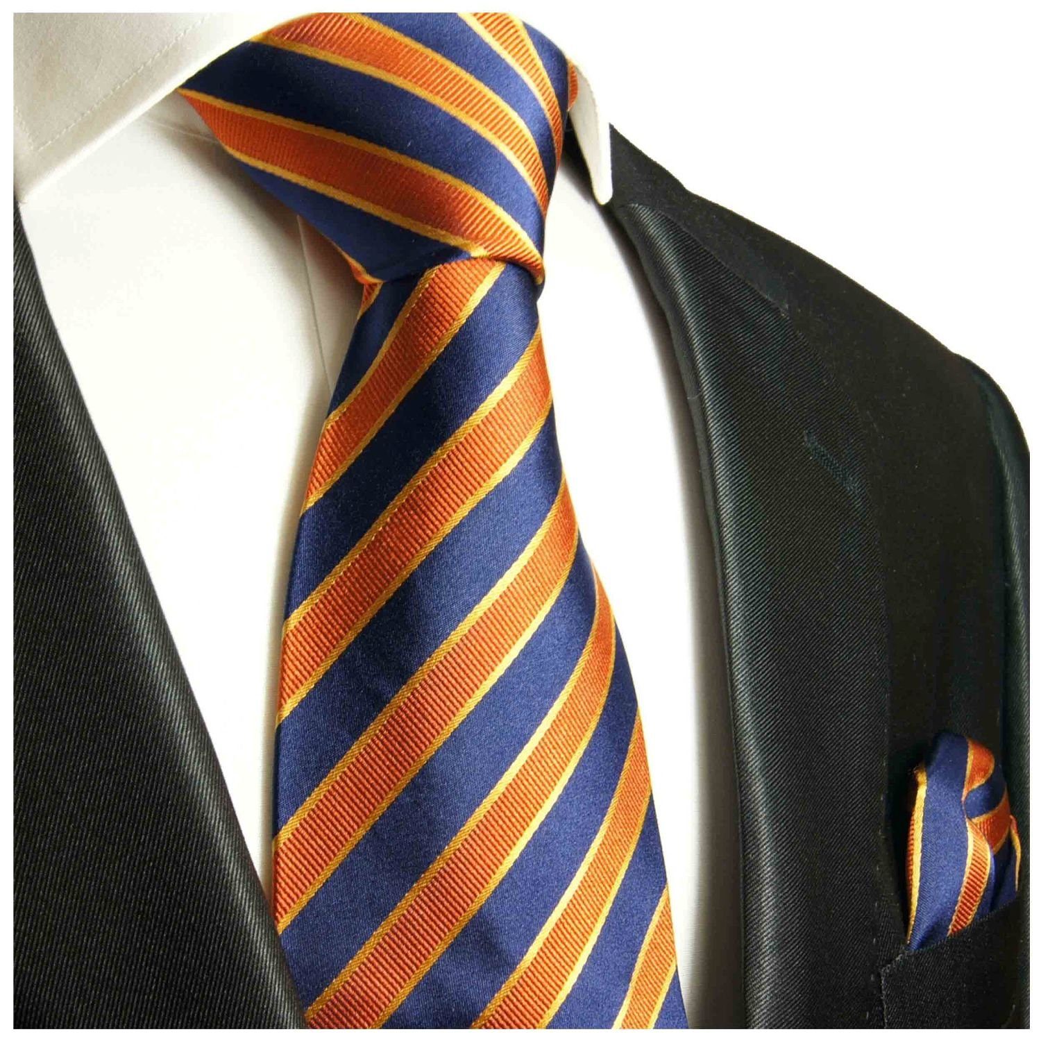 Paul Malone Krawatte Seide Herren gestreift 2-St., (Set, orange (8cm), Einstecktuch) modern Breit 100% Krawatte und mit 728 Seidenkrawatte Schlips Tuch blau