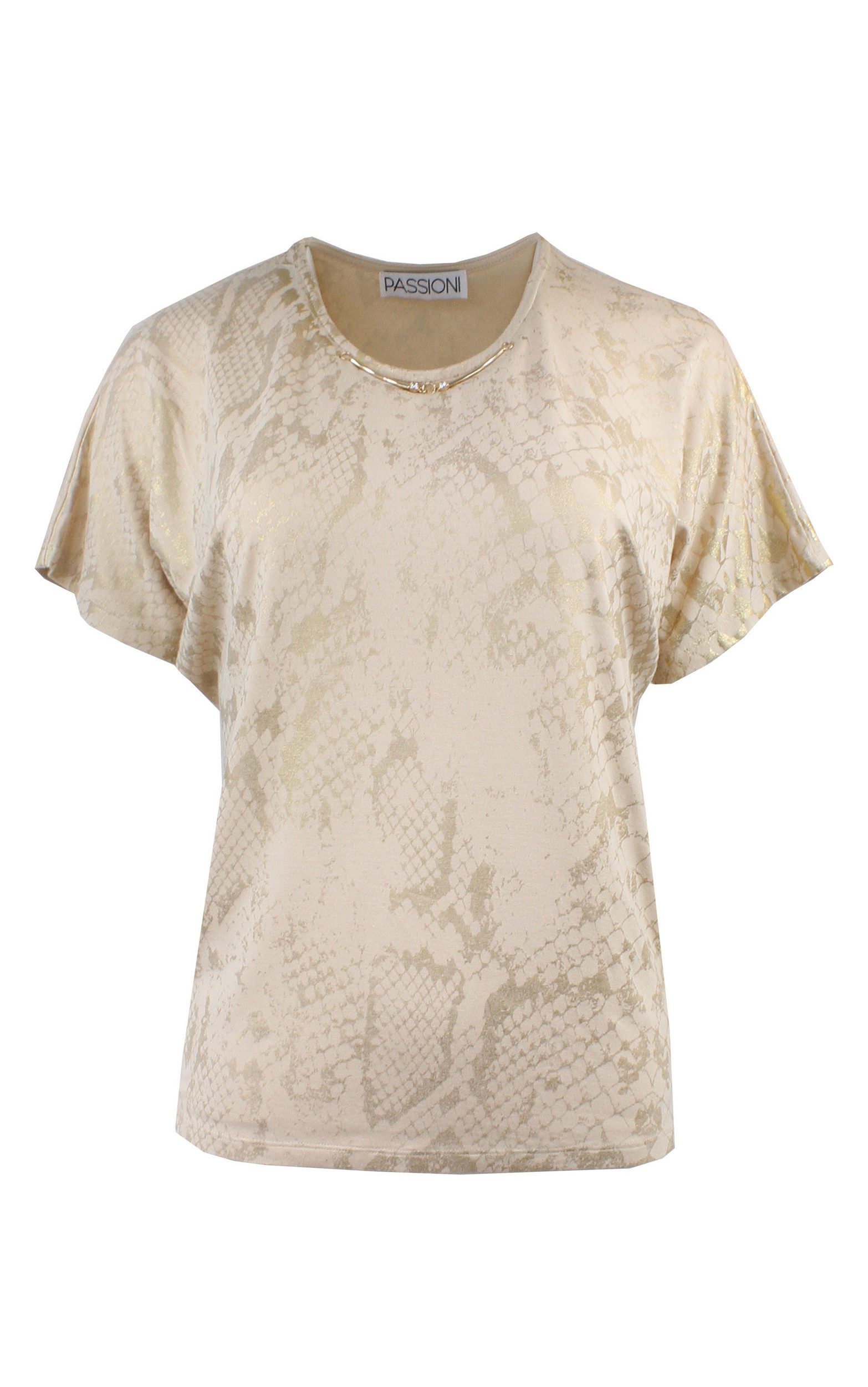 T-Shirt Beiges T-Shirt mit metallischem Schlangen Print