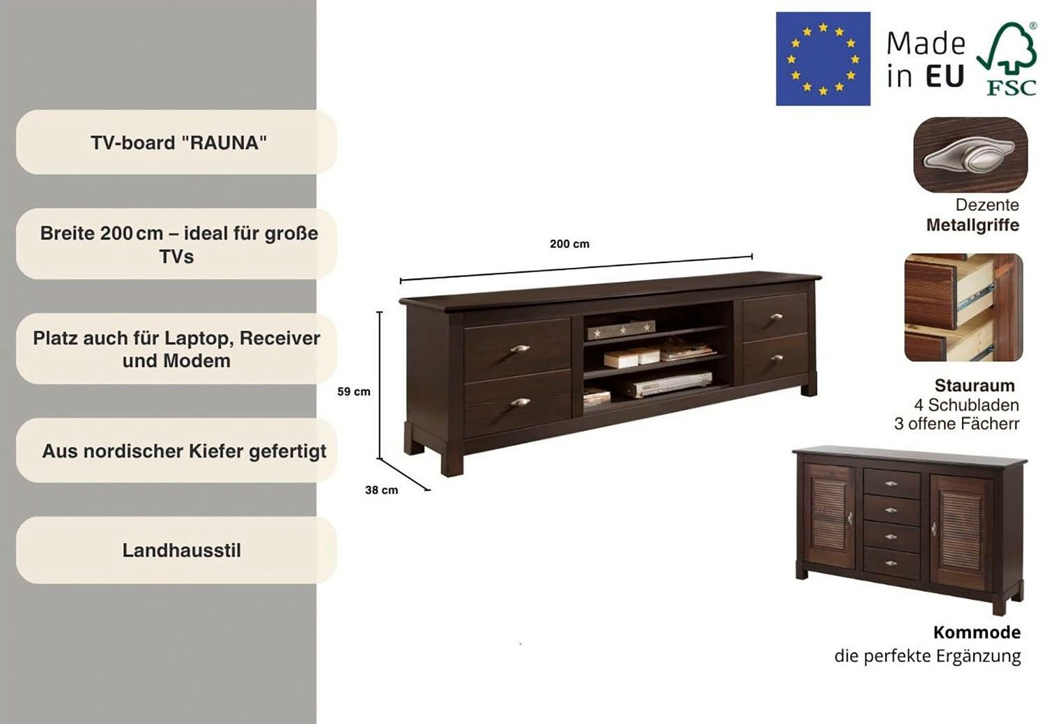 OTTO home Lowboard Rauna, TV-Bank, TV-Kommode, Landhausstil, Breite 200 cm, FSC®-zertifiziertes Massivholz, Kiefer