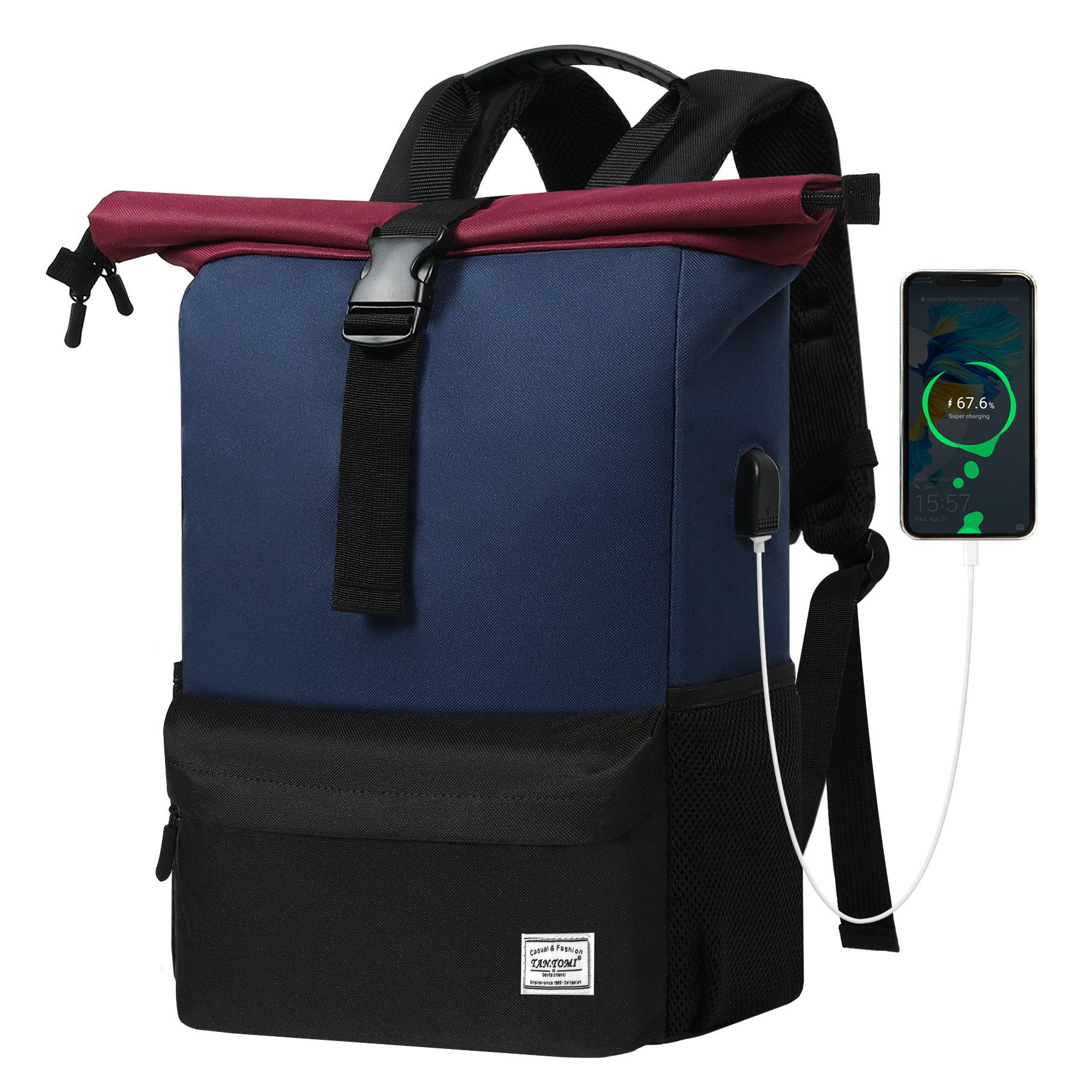 TAN.TOMI Cityrucksack Arbeitsrucksack Groß Unisex Tagesrucksäcke Rolltop Rucksack (Freizeitrucksack viele Fächer mit 15,6" Laptopfach/USB-Anschluss), Reiserucksack Lässiger Backpack Schule Freizeit Uni Arbeit Wandern