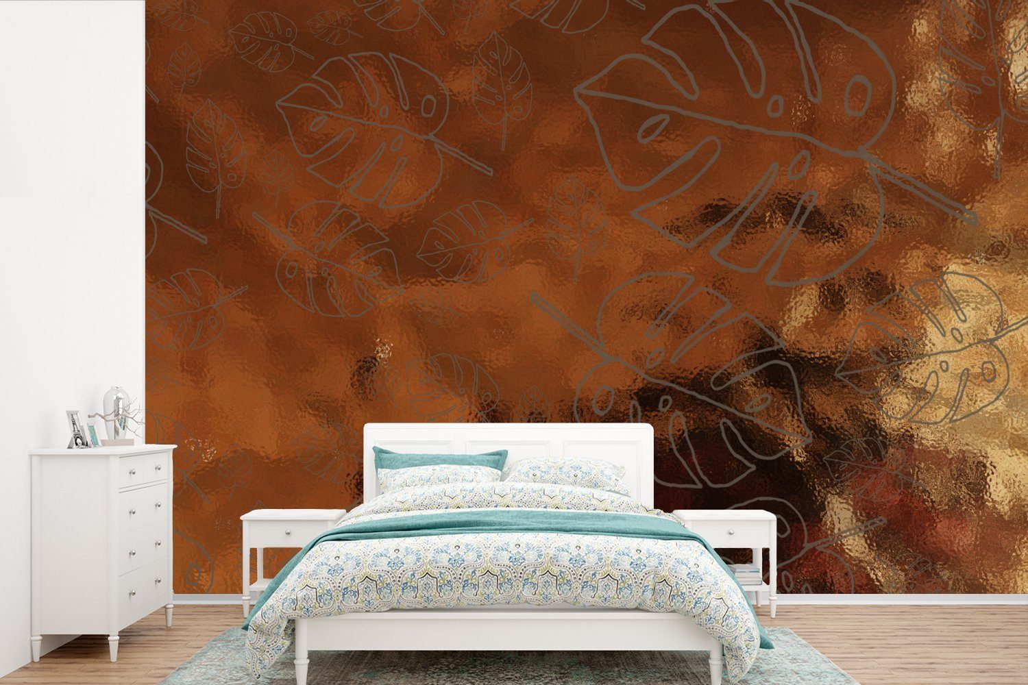 MuchoWow Fototapete Muster - Luxus - Blätter, Matt, bedruckt, (6 St), Wallpaper für Wohnzimmer, Schlafzimmer, Kinderzimmer, Vinyl Tapete