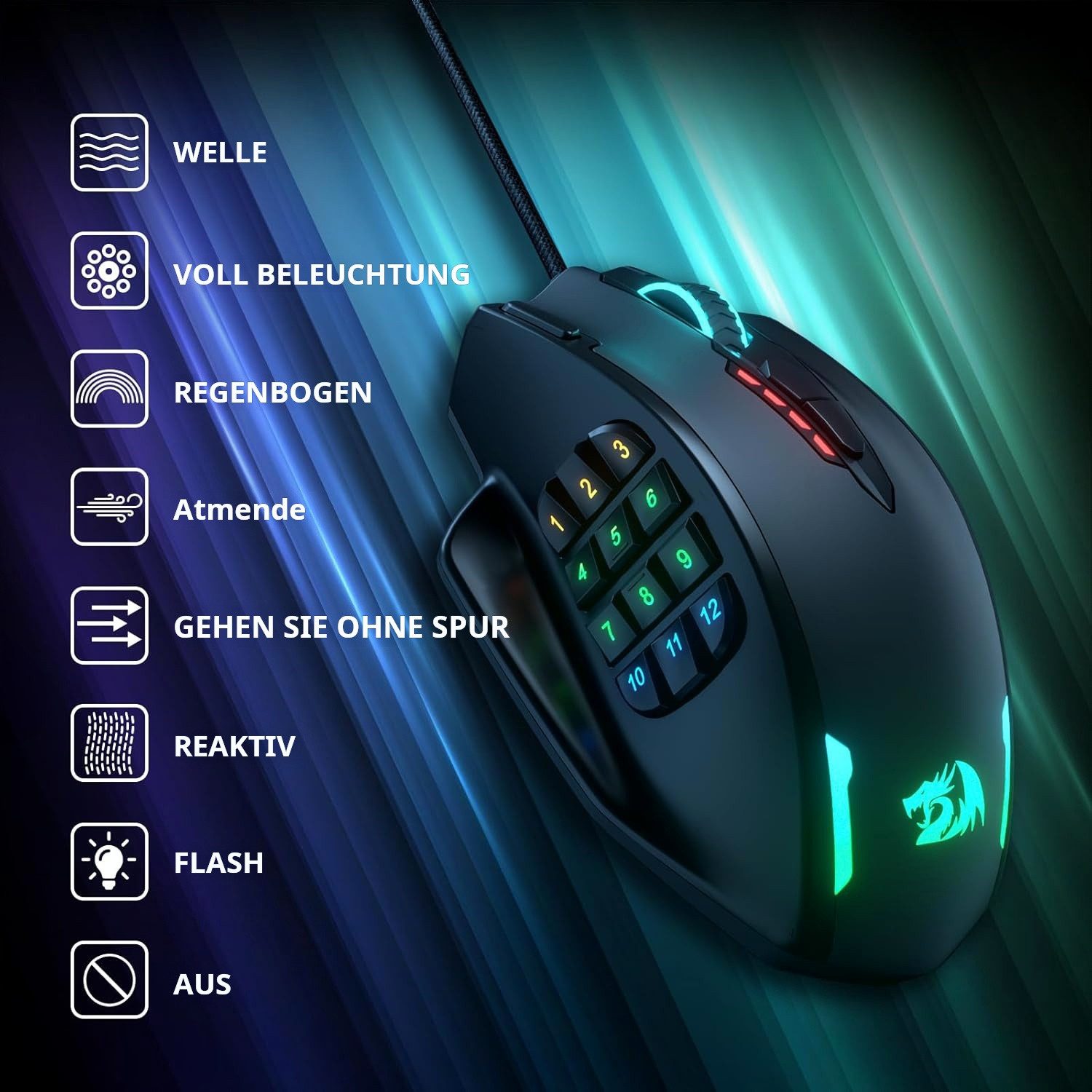 Redragon M908 Kabelgebundene Laser MMO mit Hochpräziser Betätigung, 12400 DPI Gaming-Maus (kabelgebunden, RGB-Hintergrundbeleuchtung & programmierbare Tasten) – Bild 2 von 5