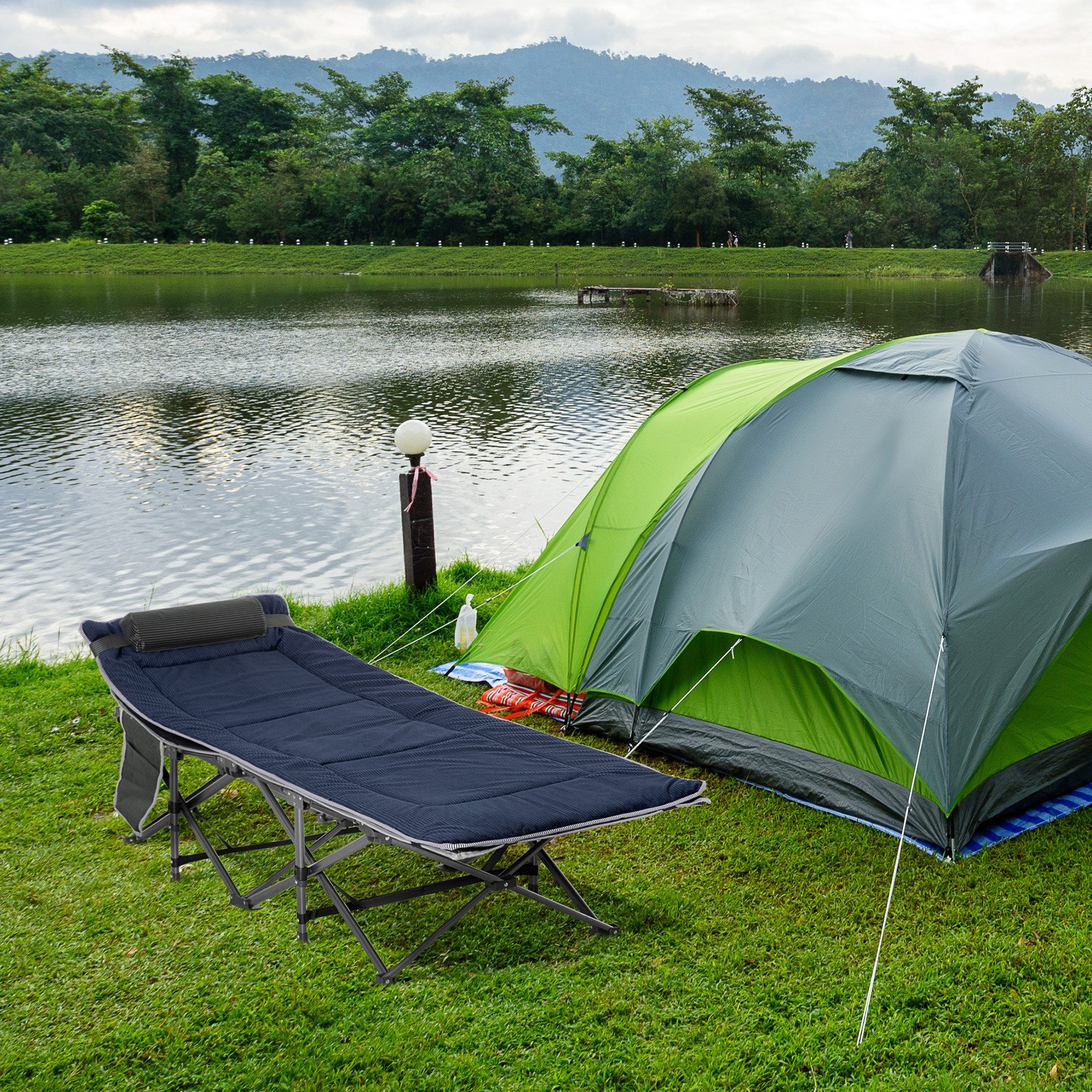 Outsunny Feldbett Campingbett Klappbett mit Kopfkissen Seitentasche (Campingbett mit Kopfkissen, Seitentasche, 1-St., Gästebett bis 150 kg belastbar) Reisen, Outdoor, Oxford, Grau