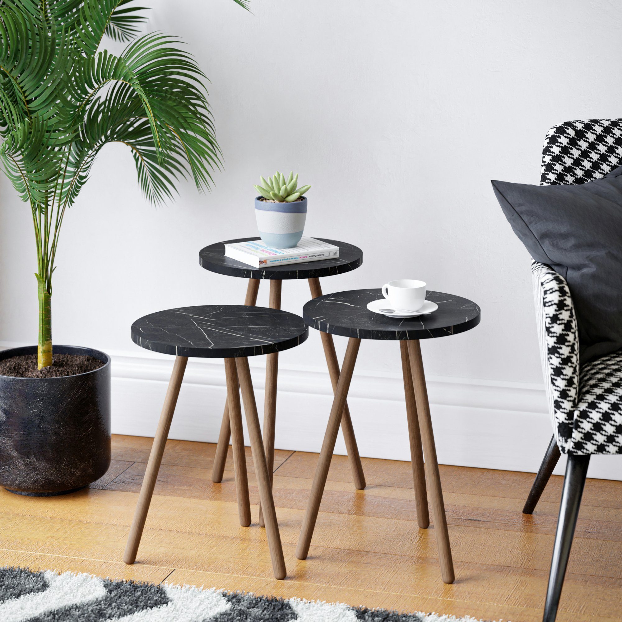 2 Couchtische Set Rund – Schwarze Marmoroptik, Metallgestell, Platzsparend (en.casa)