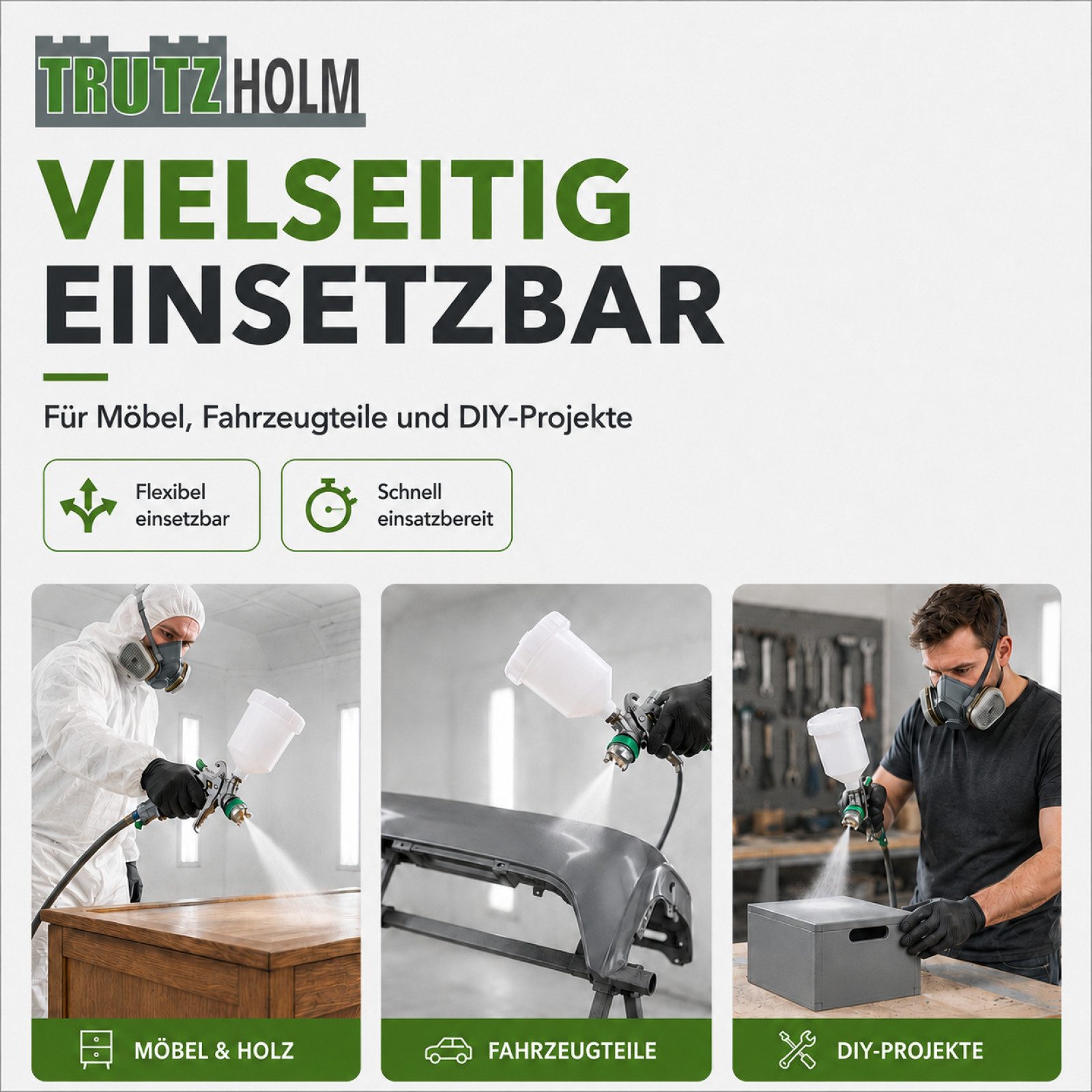 TRUTZHOLM Lackierpistole HVLP Lackierpistole 3 Edelstahldüsen 1,4mm 1,7mm 2,0mm 600ml Becher, Set, 16-tlg., Der empfohlene Druck von 2,5-3,5 bar hängt von der Lackierweise ab.