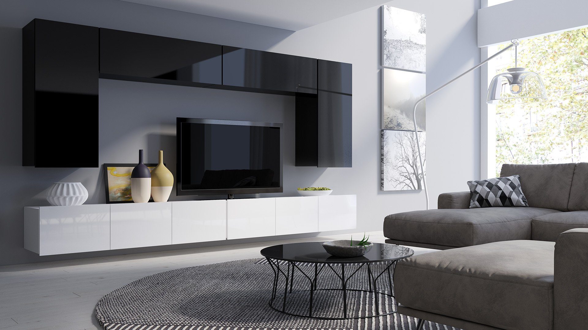 Stylefy Wohnwand Bietula, (Set (6-St), Wohnzimmer-Set), 6-teilig, FSC-Zertifizierung, Modern Design, variabel hängbar Weiß Hochglanz - Schwarz Hochglanz