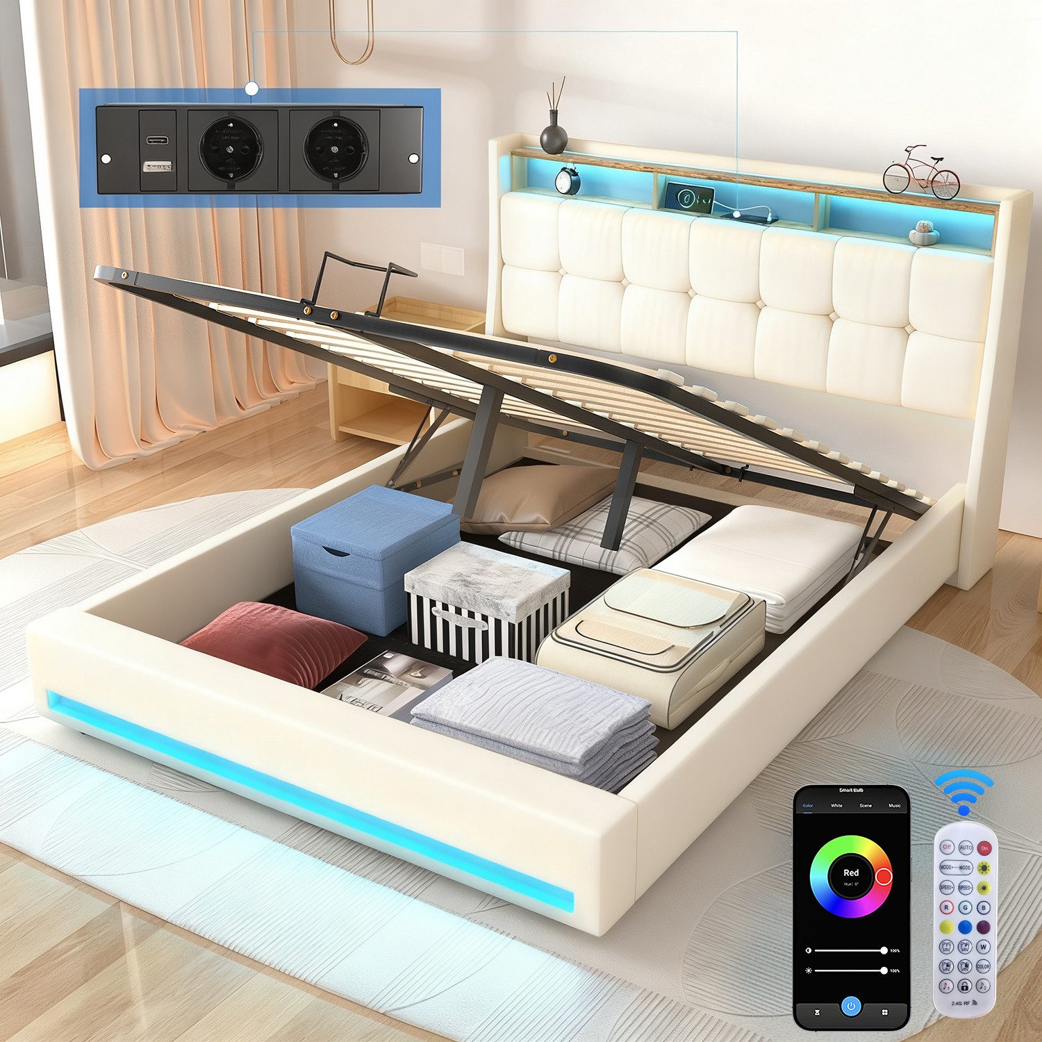 oyajia Polsterbett Doppelbett mit LED Licht 140x200cm,Hydraulisch anhebbarer Stauraumbett (Mit Lattenrost und Ladefunktion, Leinenmaterial Polsterbettt), Modernes Jugendbett, Leises Design Bett, Max. Belastbarkeit 350 kg