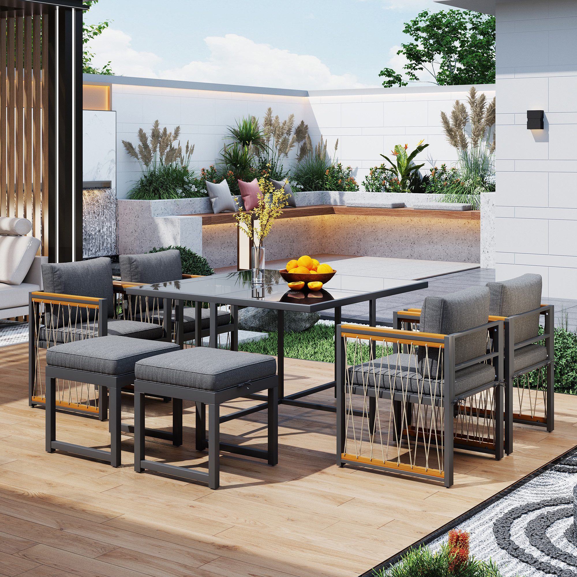 Gartenlounge-Set Garten-Essgruppe 6 personen Rattan Outdoor Gartenmöbel,Glas Tischplatt