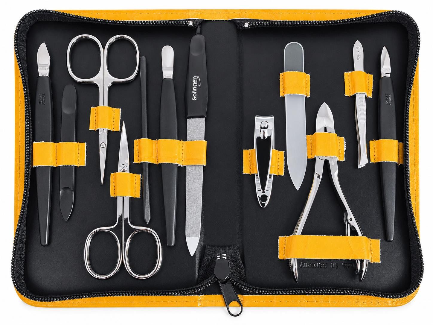 EloModa Maniküre-Kosmetik-Etui 12teiliges Solingen* Maniküre Set mit Leder-Etui Nagelpflege, Made in, 12 tlg., Made in Germany, Solinger Qualität, Echtleder-Etui, Gehärteter Stahl