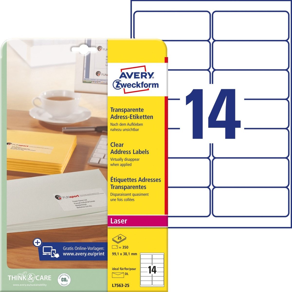 Avery Zweckform Etiketten Adress-Etiketten 99,1x38,1 mm 25 Blatt/350 Etiketten transparent