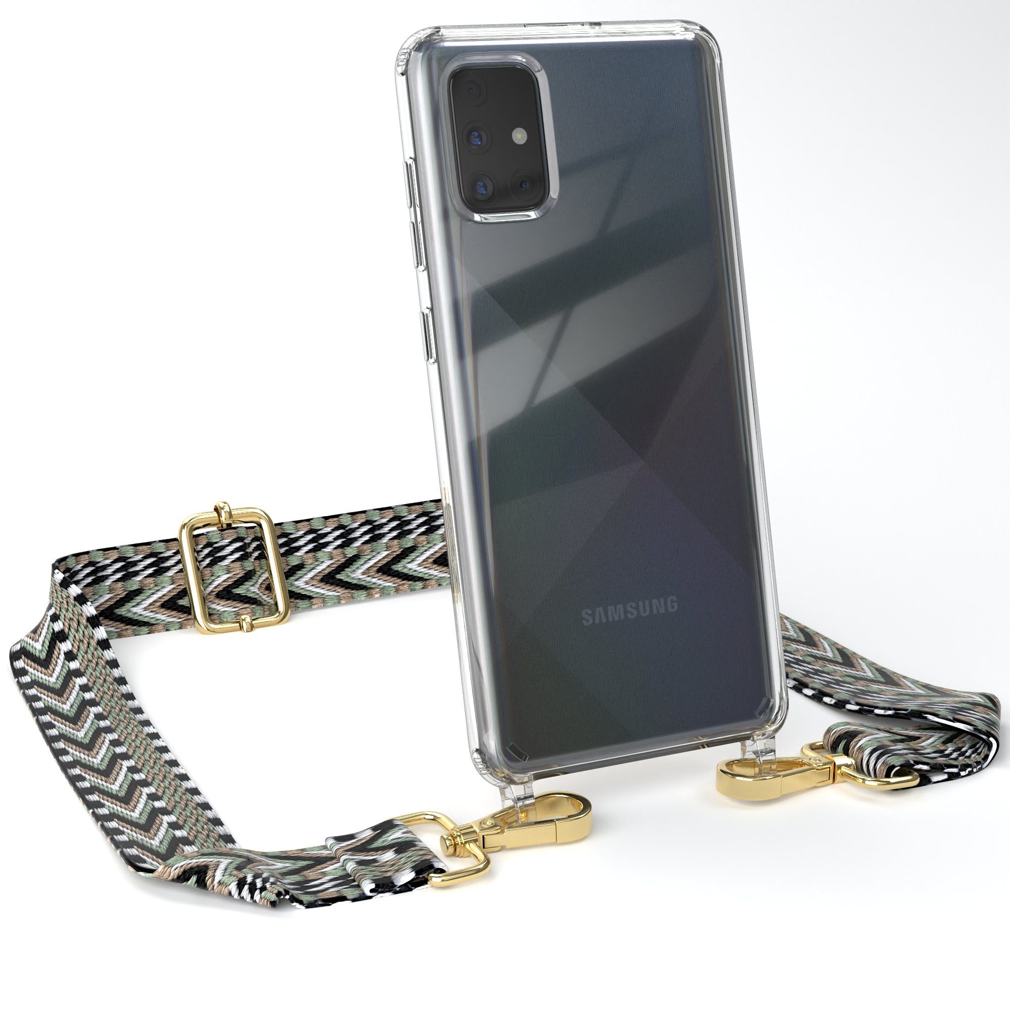 EAZY CASE Handykette Samsung Galaxy A71 Chain Eyelets Slim Neck Strap Zig Zag Green - Black 6,7 Zoll, Kettenhülle abnehmbare Kordel Slim Cover plus Band Breit Mint Grün