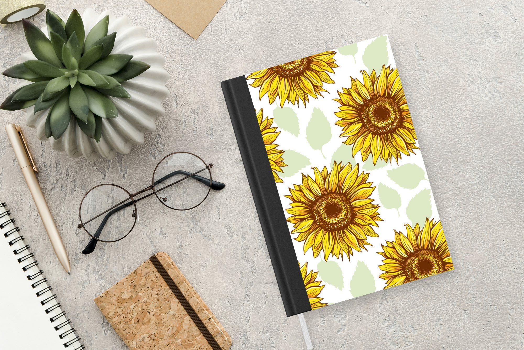 Blumen, Merkzettel, Sonnenblume Muster - Seiten, 98 Tagebuch, Notizbuch Haushaltsbuch - Notizheft, MuchoWow Journal, A5,