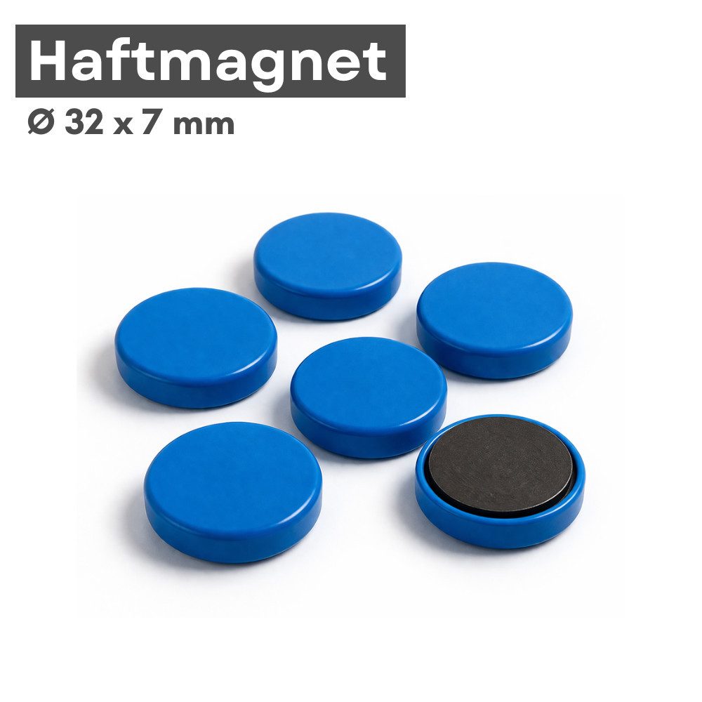 MaajeeKuto Magnet Haftmagnete Ø32x7 mm blau – starke Pinboard Magnete 6 Stück (1-St)